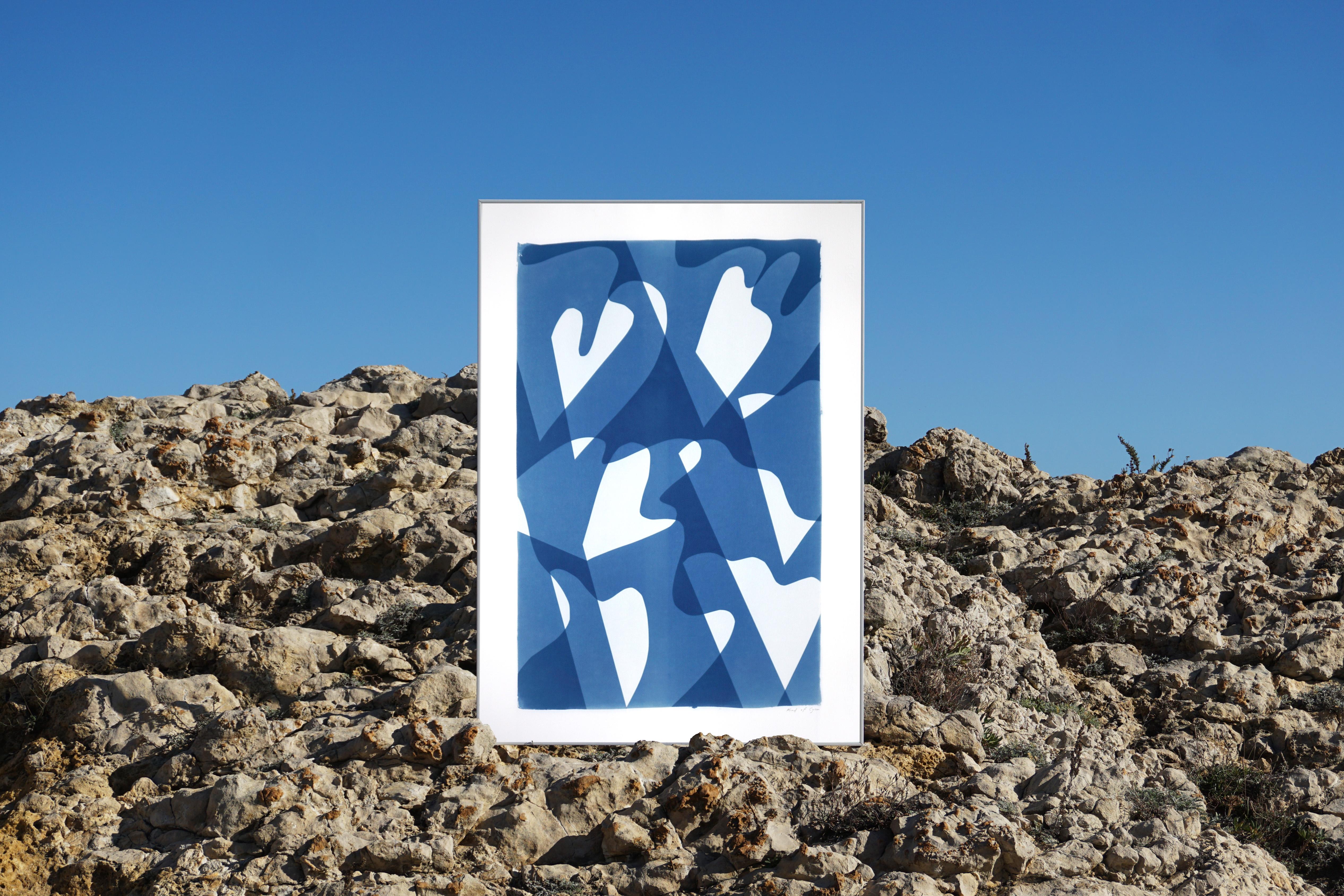 Wind over Waters, Blue and White Monotype, Abstract Modern Shapes and Layers - Photograph by Kind of Cyan