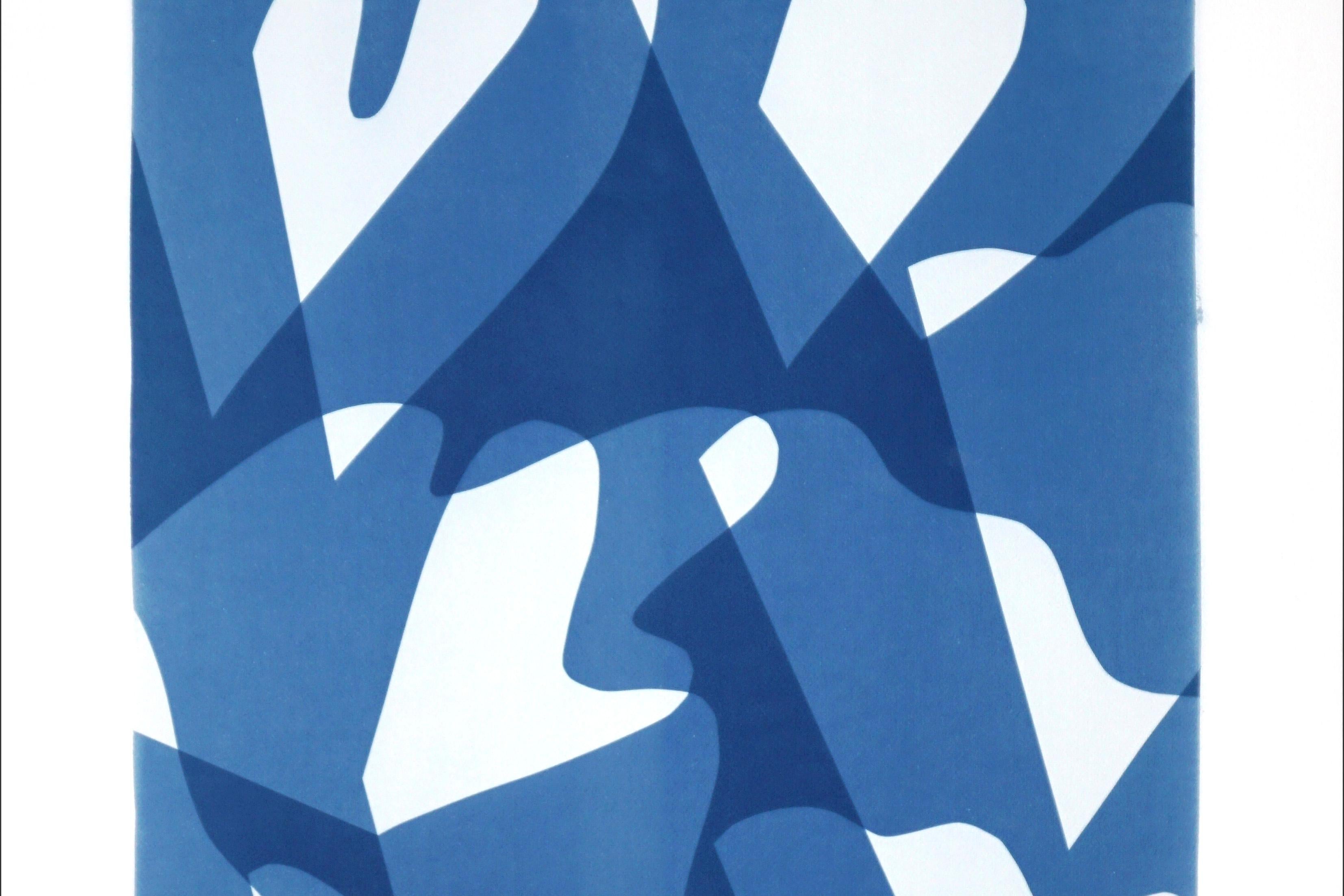 Wind over Waters, Blue and White Monotype, Abstract Modern Shapes and Layers 2