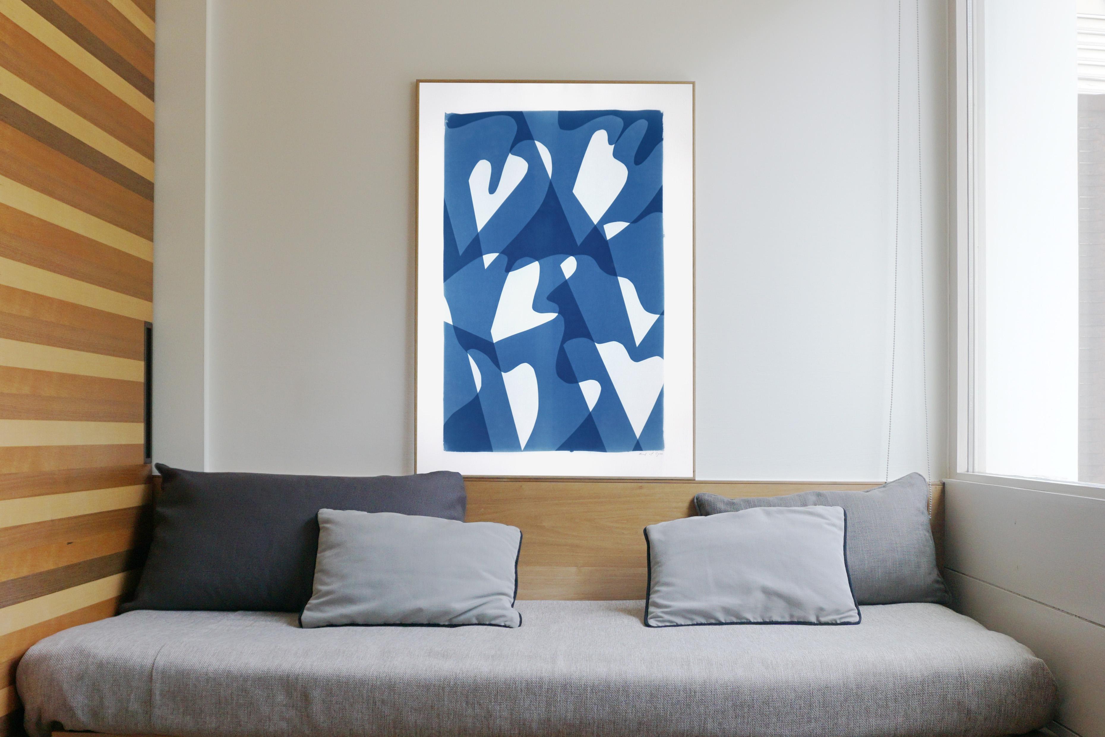 Wind over Waters, Blue and White Monotype, Abstract Modern Shapes and Layers 3