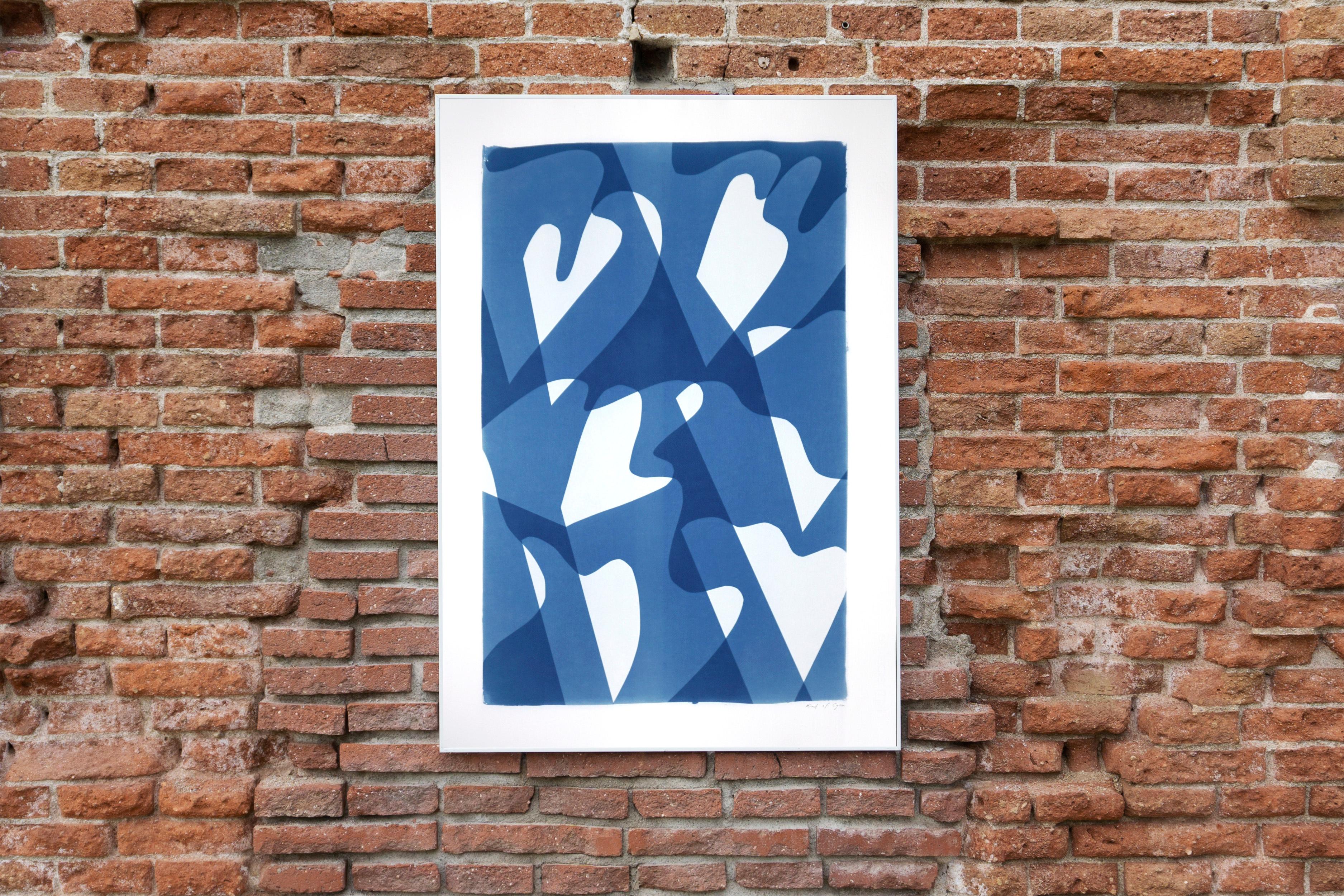 Wind over Waters, Blue and White Monotype, Abstract Modern Shapes and Layers 4