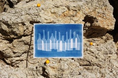 Wine Cellar Still Life in Blue Tones, Abstract Bottles Composition, Cyanotype