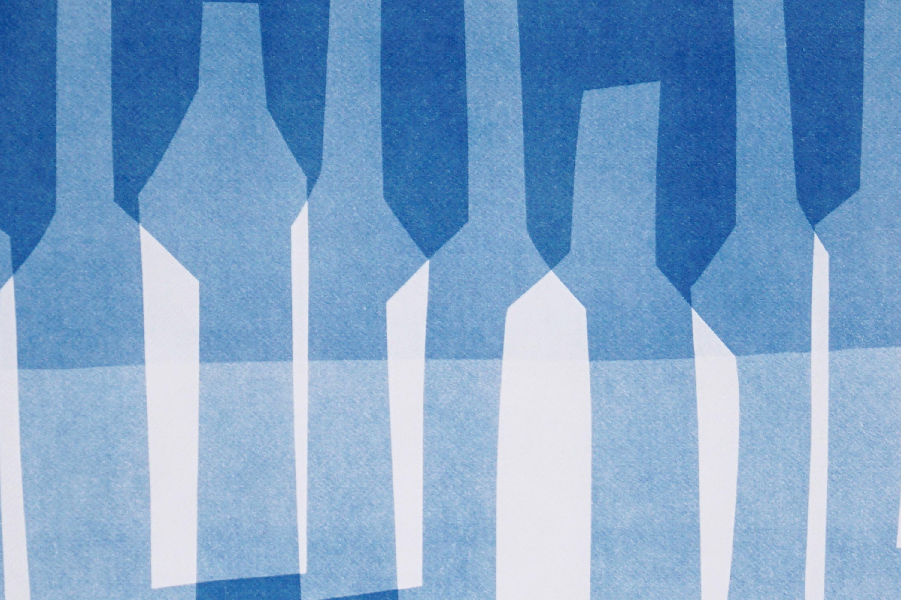 Wine Cellar Still Life in Blue Tones, Abstract Bottles Composition, Cyanotype 2