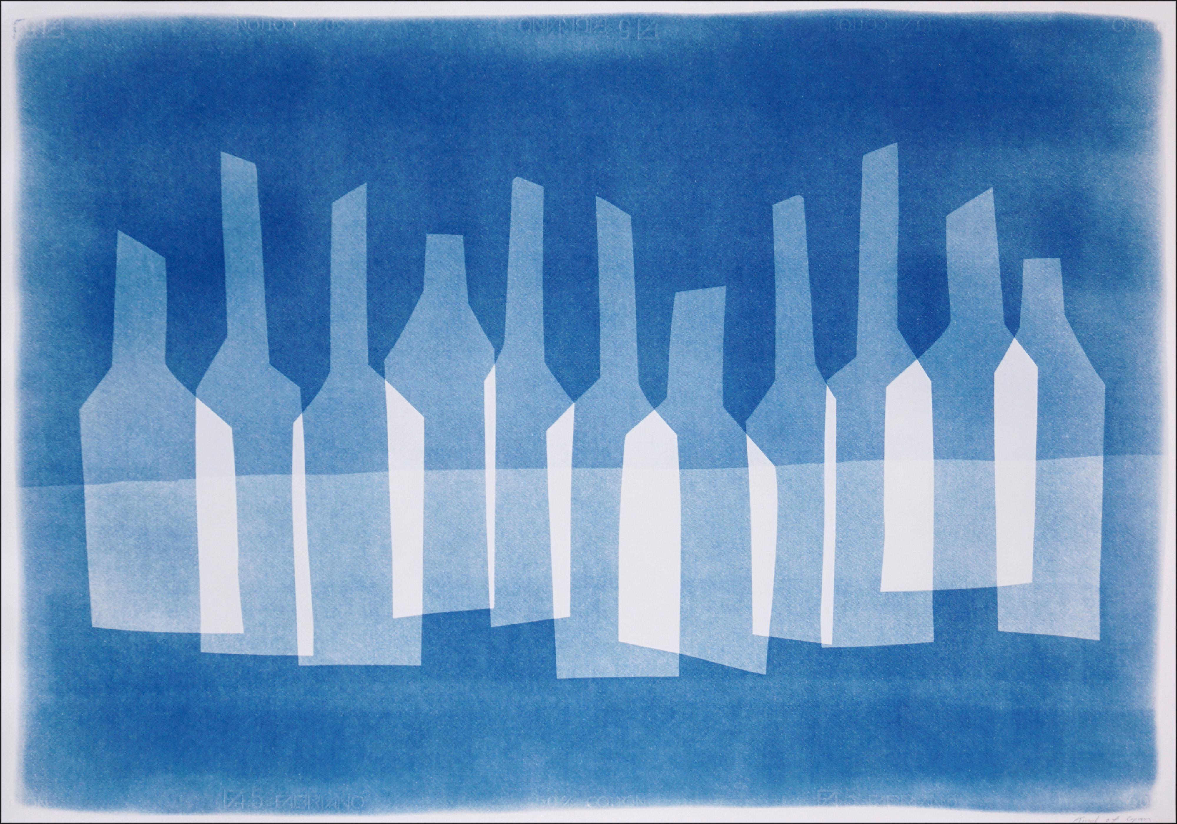 Kind of Cyan Still-Life Print - Wine Cellar Still Life in Blue Tones, Abstract Bottles Composition, Cyanotype