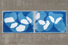 Espiral Tejida, Díptico Abstracto Horizontal Azul y Blanco, Monotipo Cianotipo