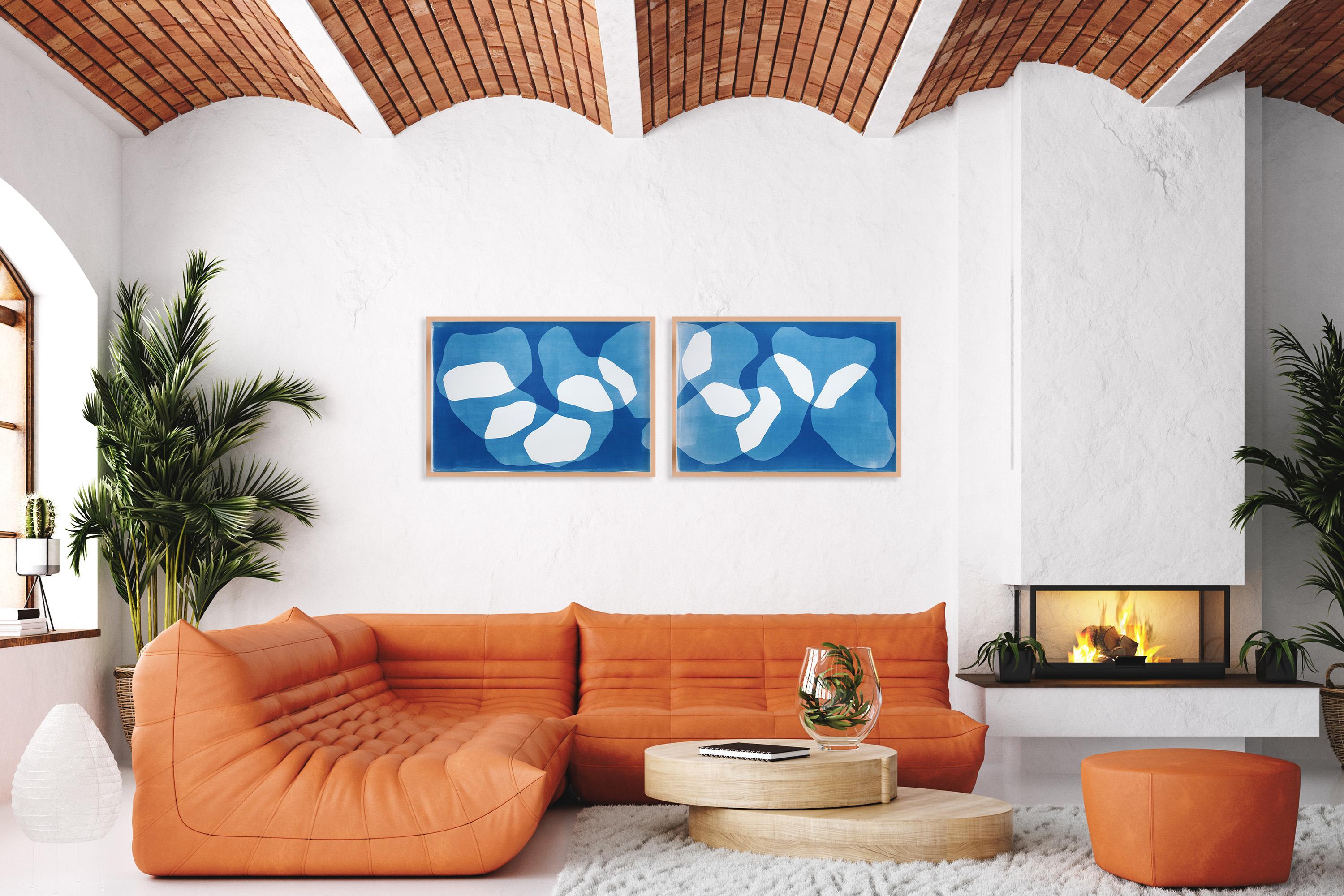Spirale intrecciata, dittico astratto orizzontale in bianco e blu, monotipo cianotipico in vendita 2