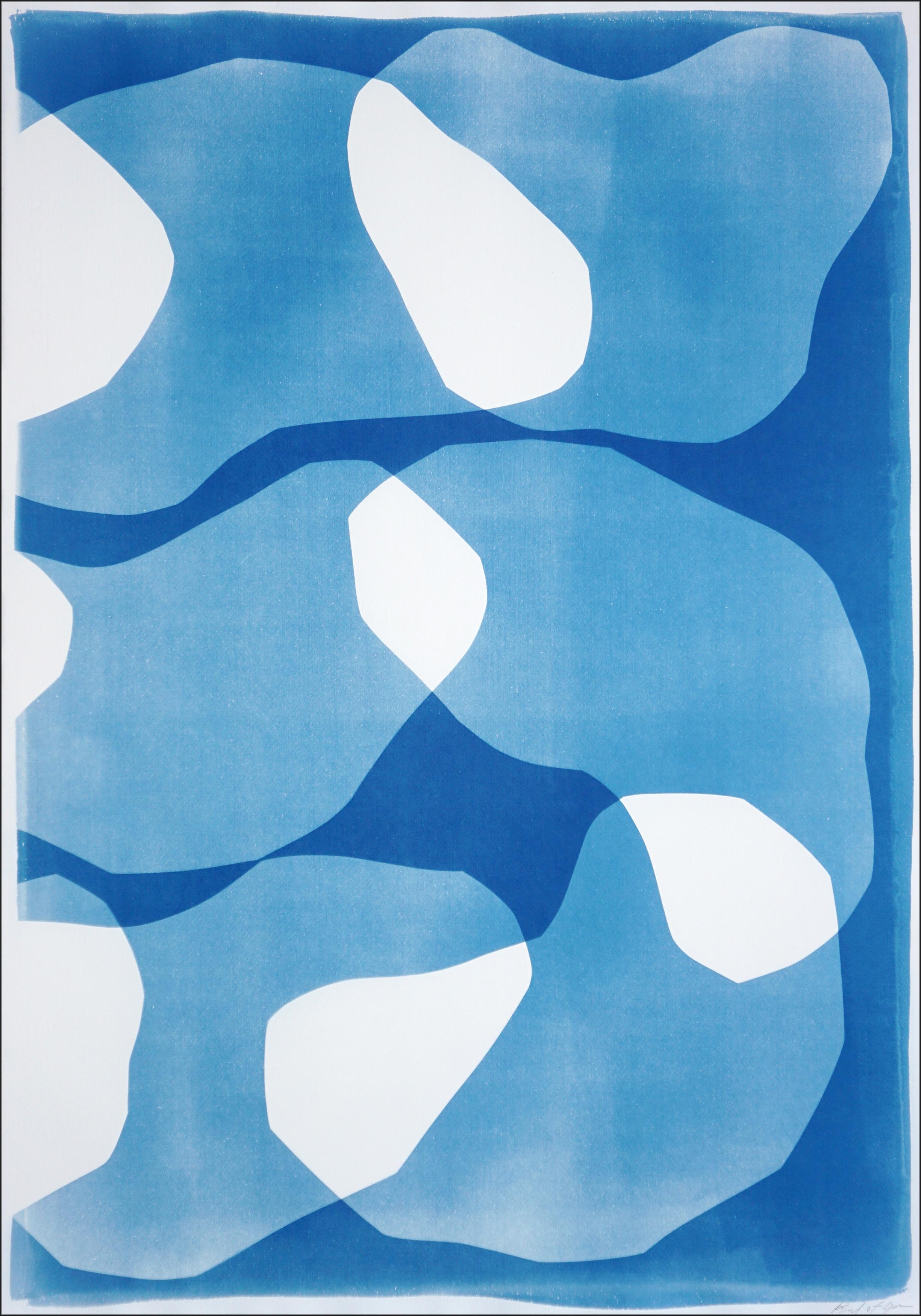 Dittico di ovali Zig Zag, monotipi in cianotipia dai toni blu, forme organiche fluttuanti in vendita 1