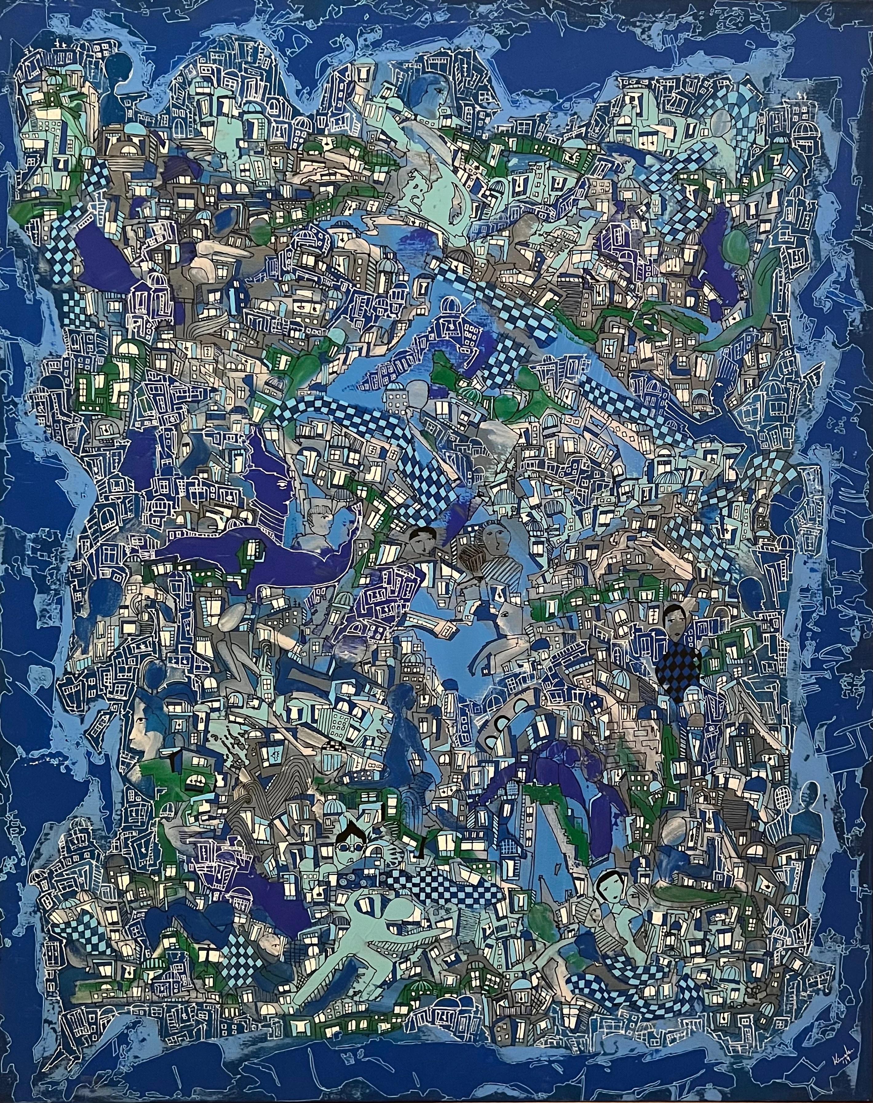 "Blue Fever" Acrylic & Inks Painting 39" x 32" inch by Kinda Adly
