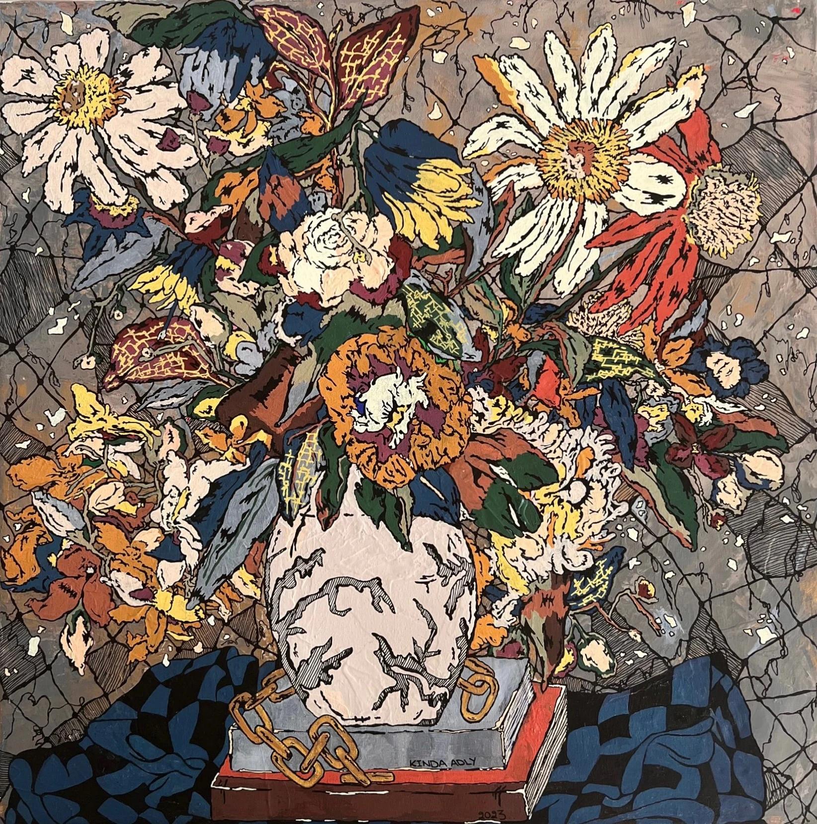 Abstraktes Gemälde „Blumen“ 20" x 20" Zoll von Kinda Adly