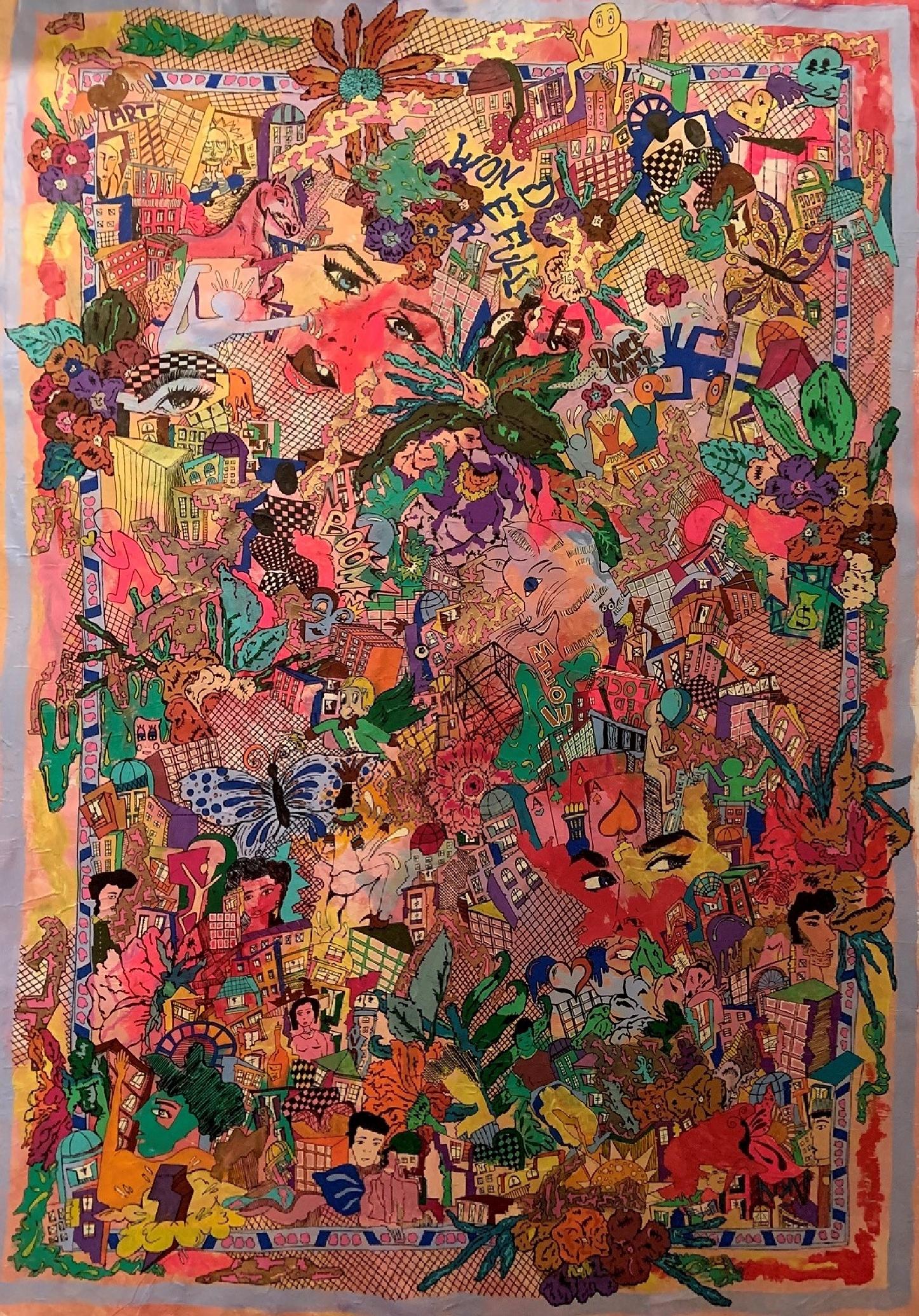 "Life in Quarantine" Acrylic & Inks Painting 43" x 30" inch by Kinda Adly