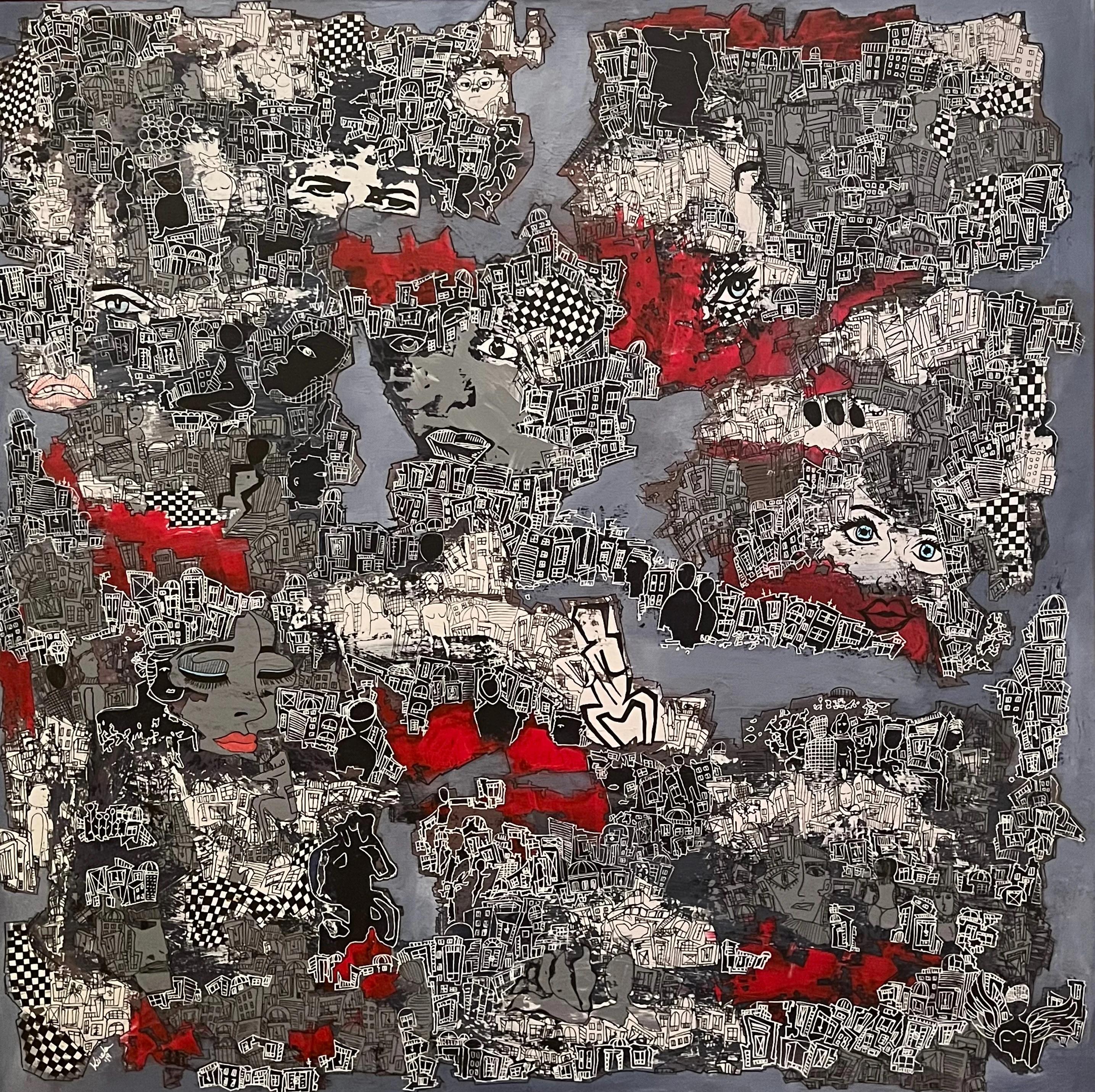 "Red Clouds" Acrylic & Inks Painting 39" x 39" inch by Kinda Adly