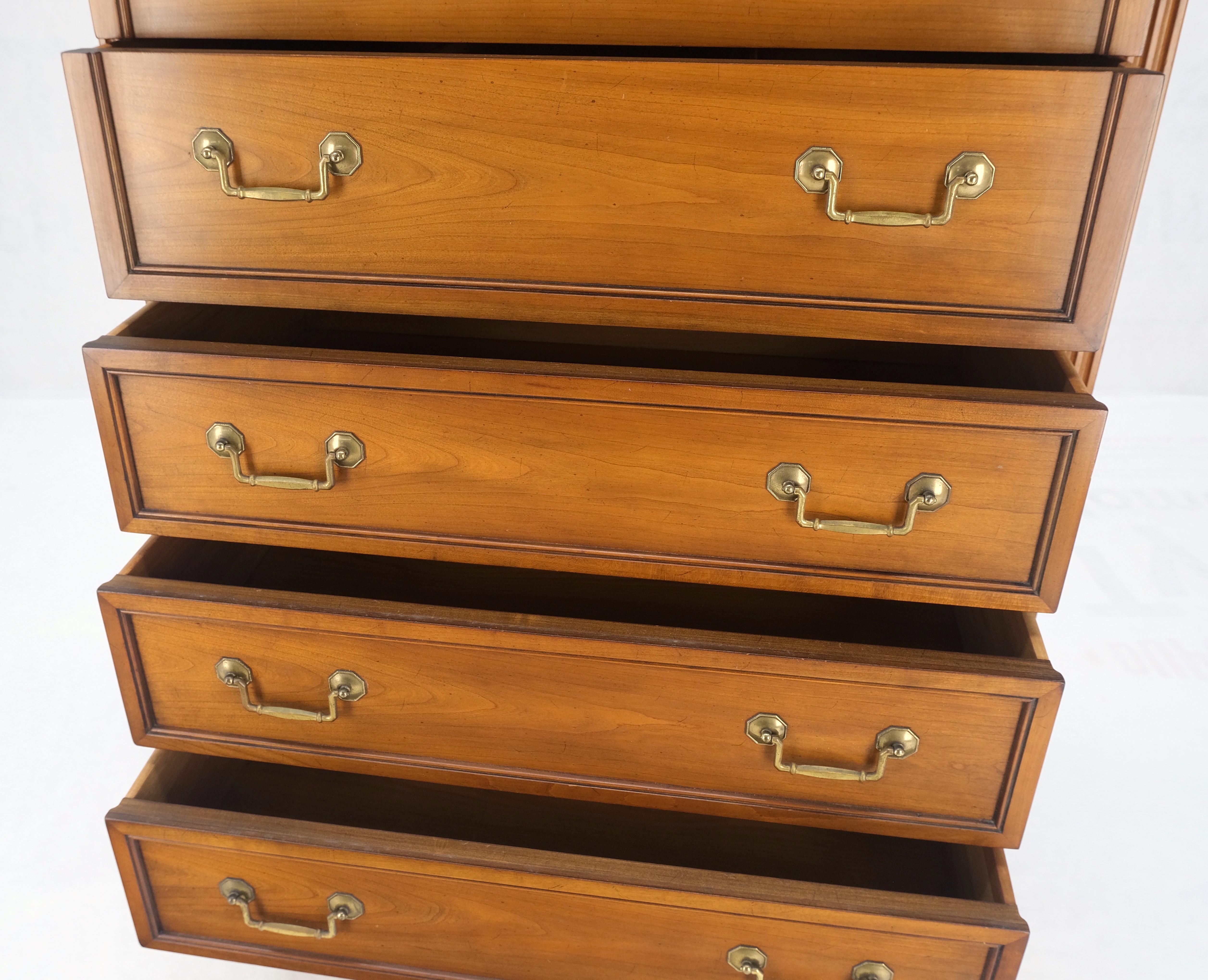 Kindel 7 Drawers Fruitwood Heavy Brass Drop Pulls High Chest Tall Dresser Mint! In Good Condition For Sale In Rockaway, NJ