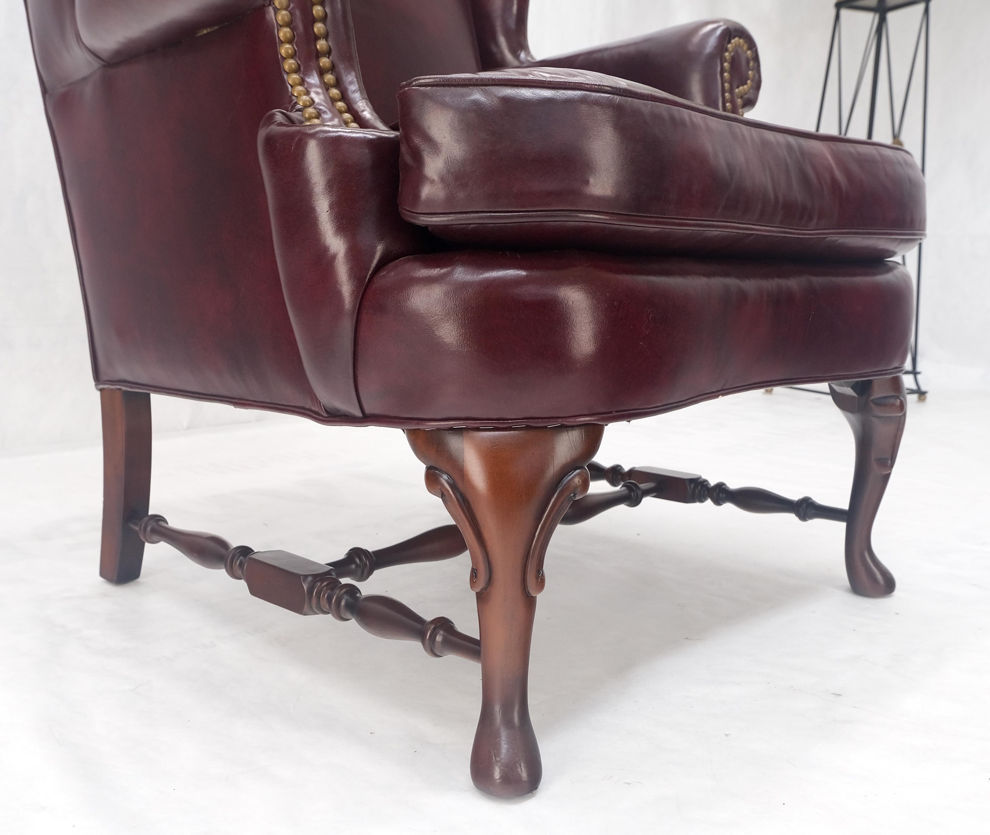 Kindel Burgundy Leather Upholstery Carved Mahogany Legs Wingback Chair & Ottoman For Sale 8