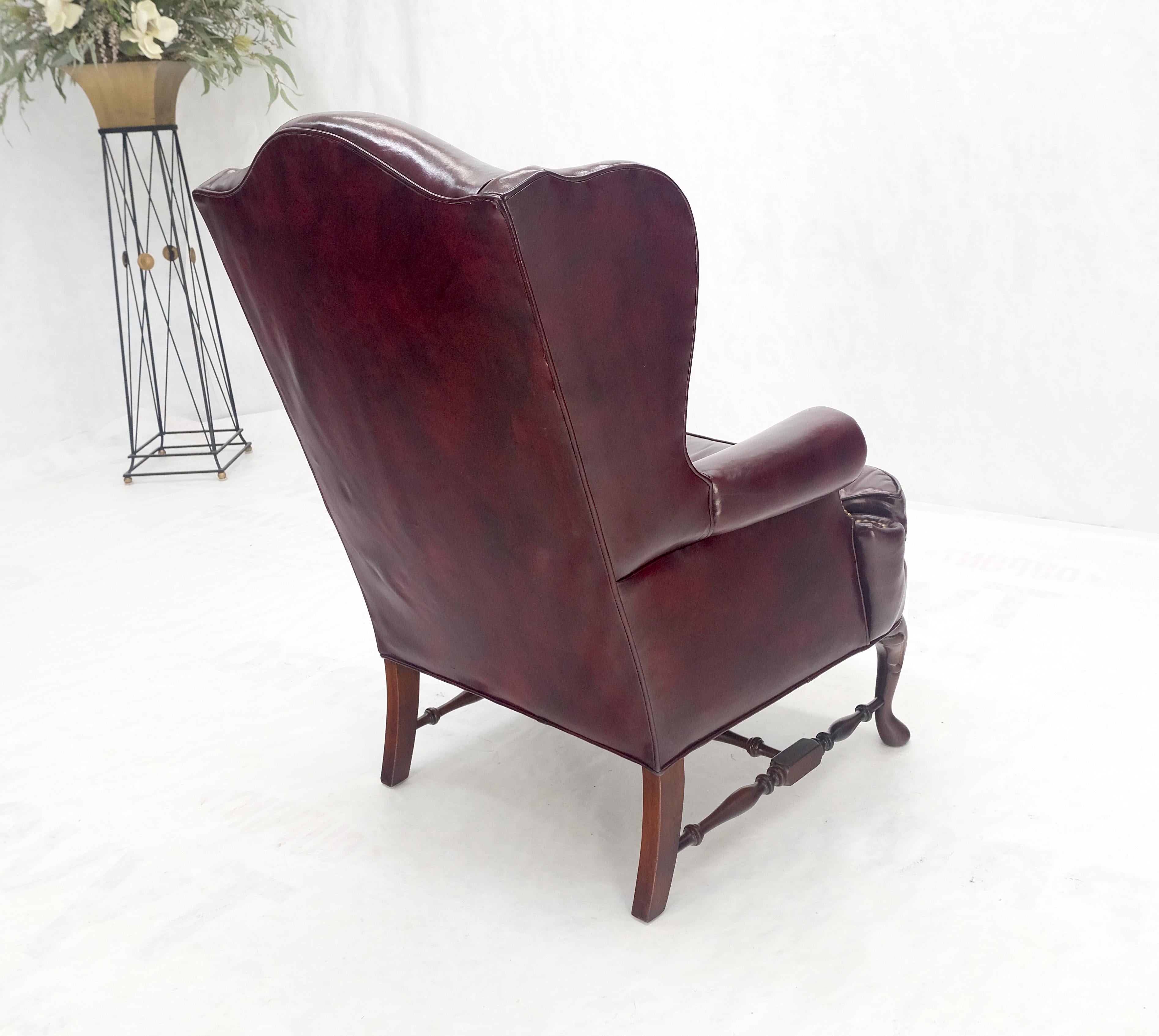 Kindel Burgundy Leather Upholstery Carved Mahogany Legs Wingback Chair & Ottoman For Sale 9