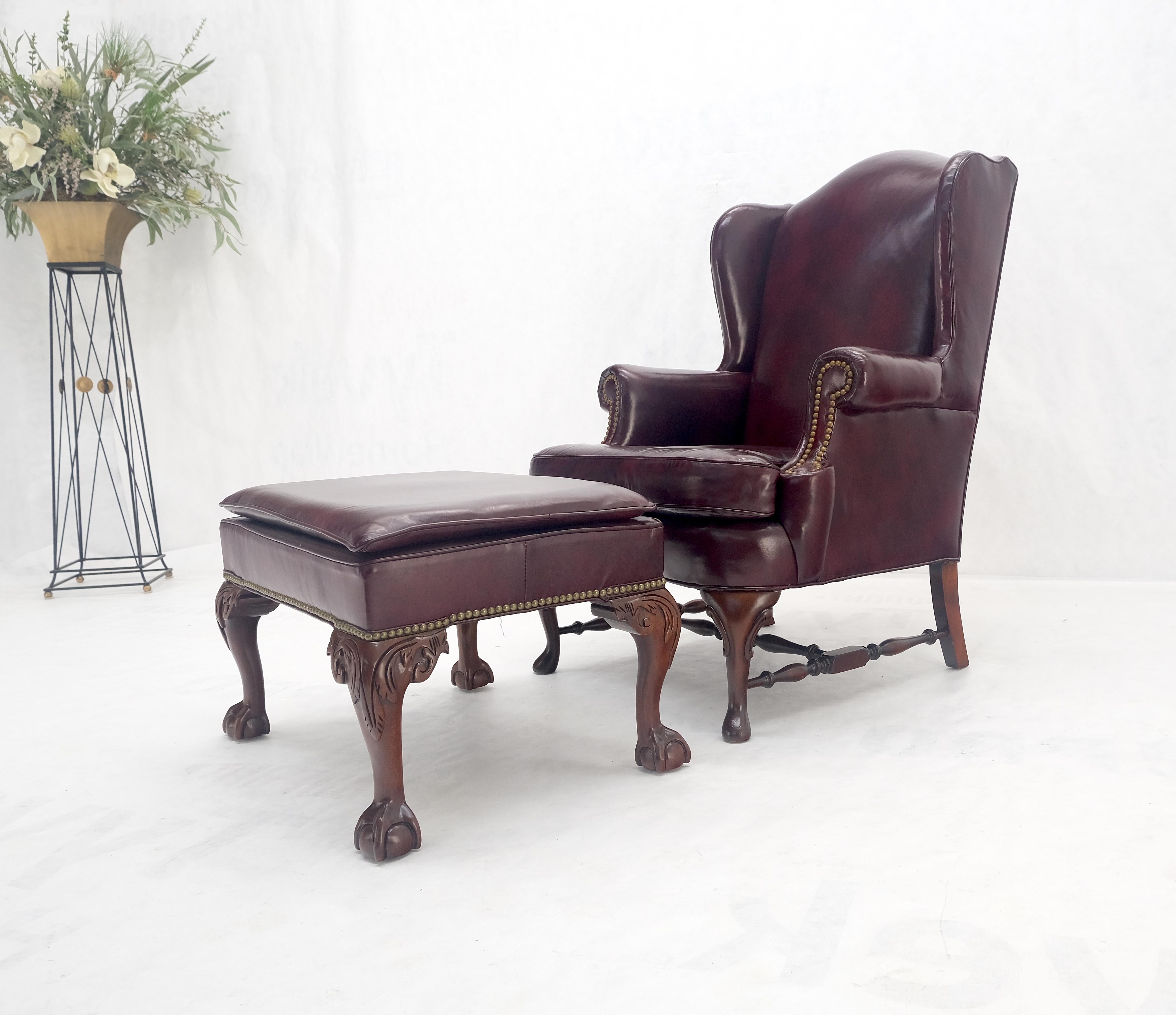 Chippendale Kindel Burgundy Leather Upholstery Carved Mahogany Legs Wingback Chair & Ottoman For Sale