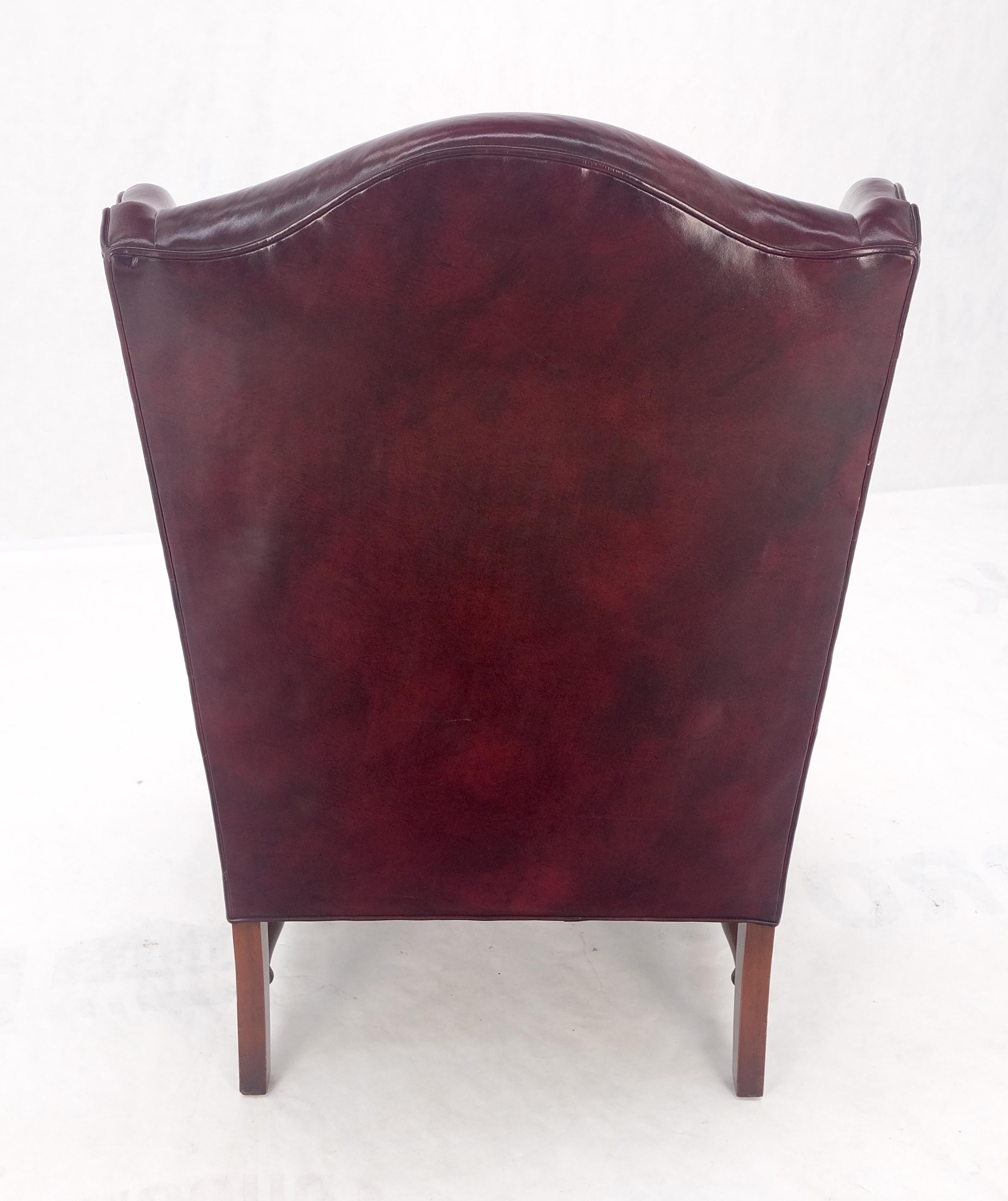 Kindel Burgundy Leather Upholstery Carved Mahogany Legs Wingback Chair & Ottoman For Sale 2