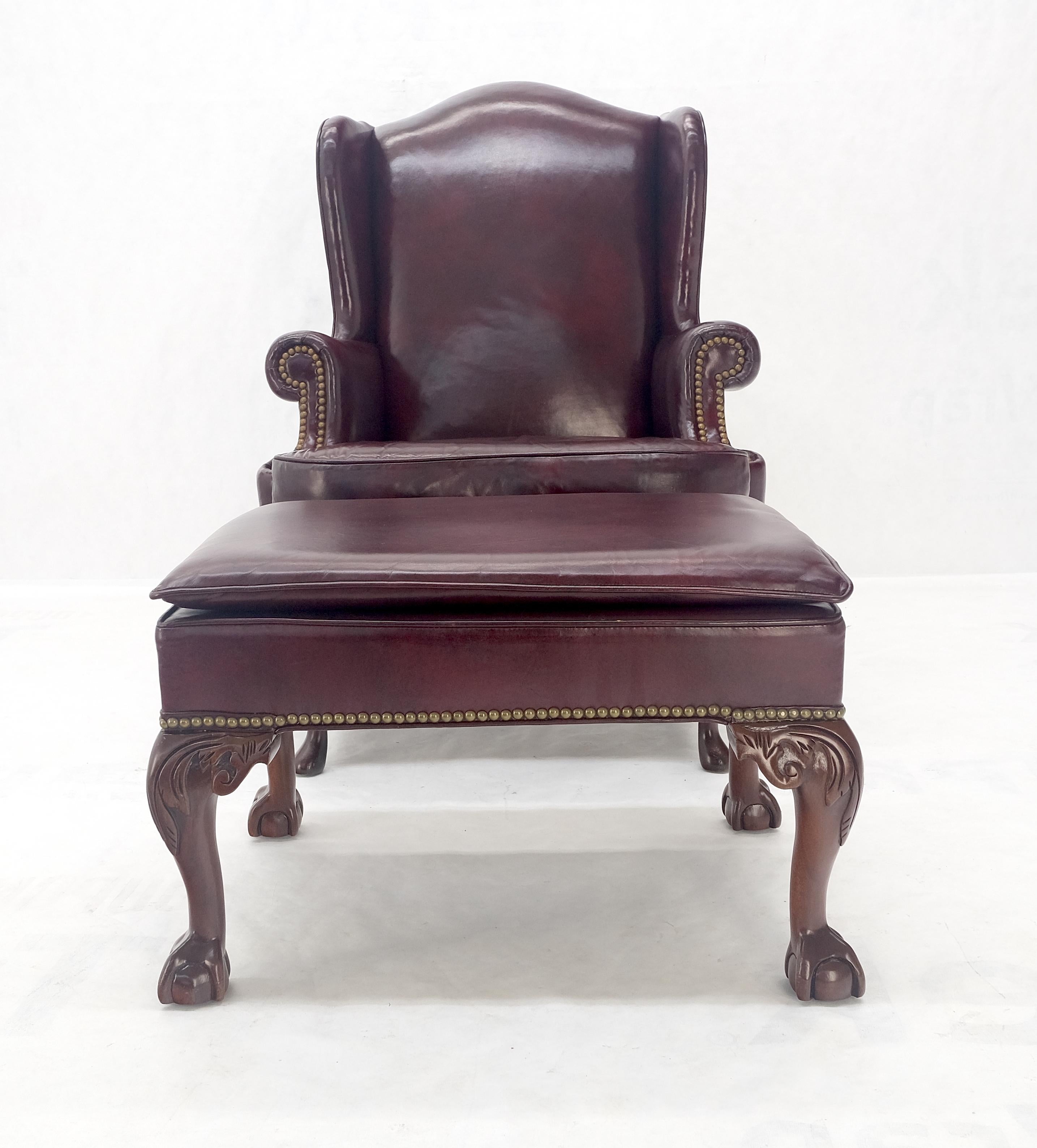 Kindel Burgundy Leather Upholstery Carved Mahogany Legs Wingback Chair & Ottoman For Sale 3