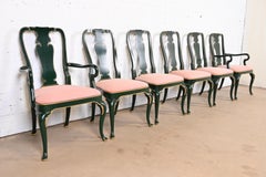 Kindel Chinoiserie Queen Anne Green Lacquered and Gold Gilt Dining Chairs