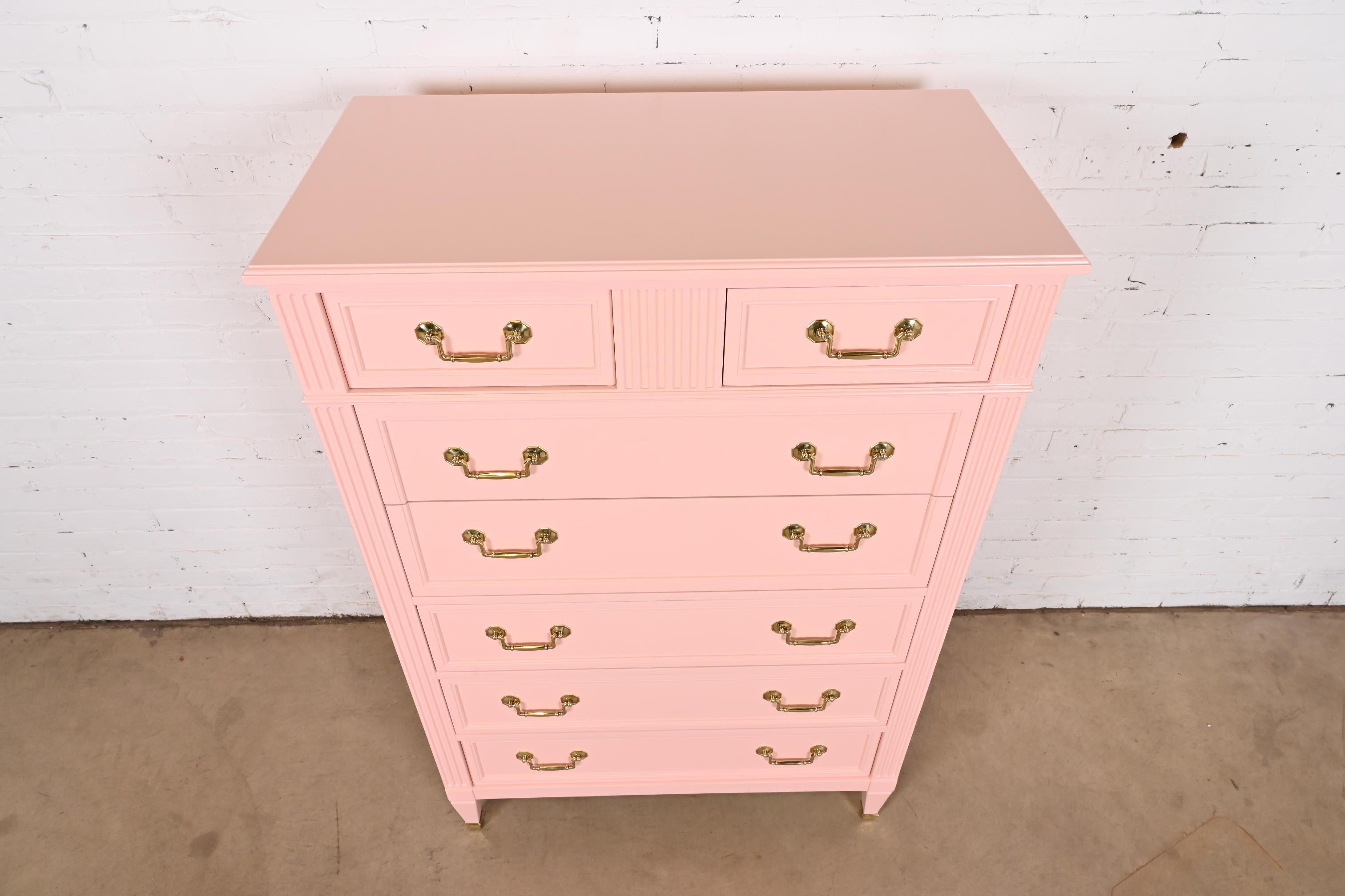 Kindel French Regency Louis XVI Pink Lacquered Highboy Dresser, Newly Refinished For Sale 4