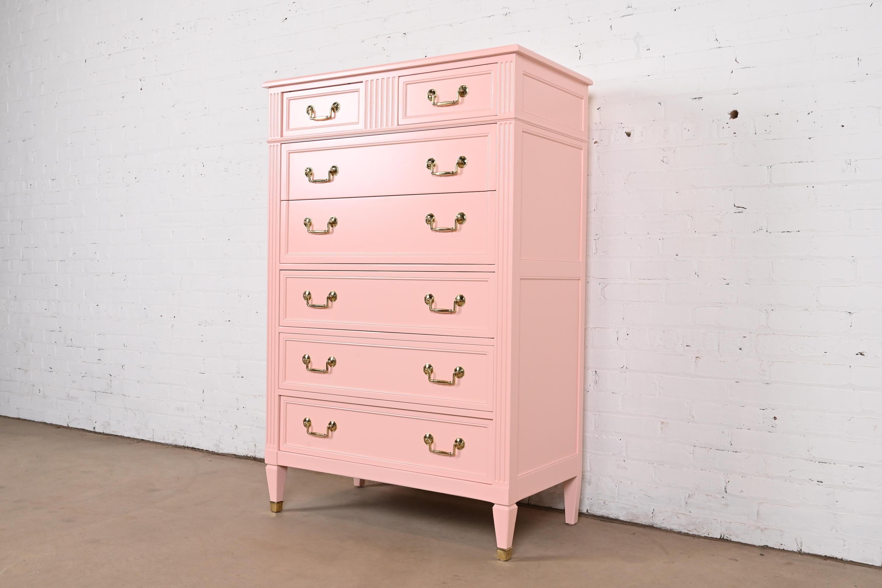 American Kindel French Regency Louis XVI Pink Lacquered Highboy Dresser, Newly Refinished For Sale