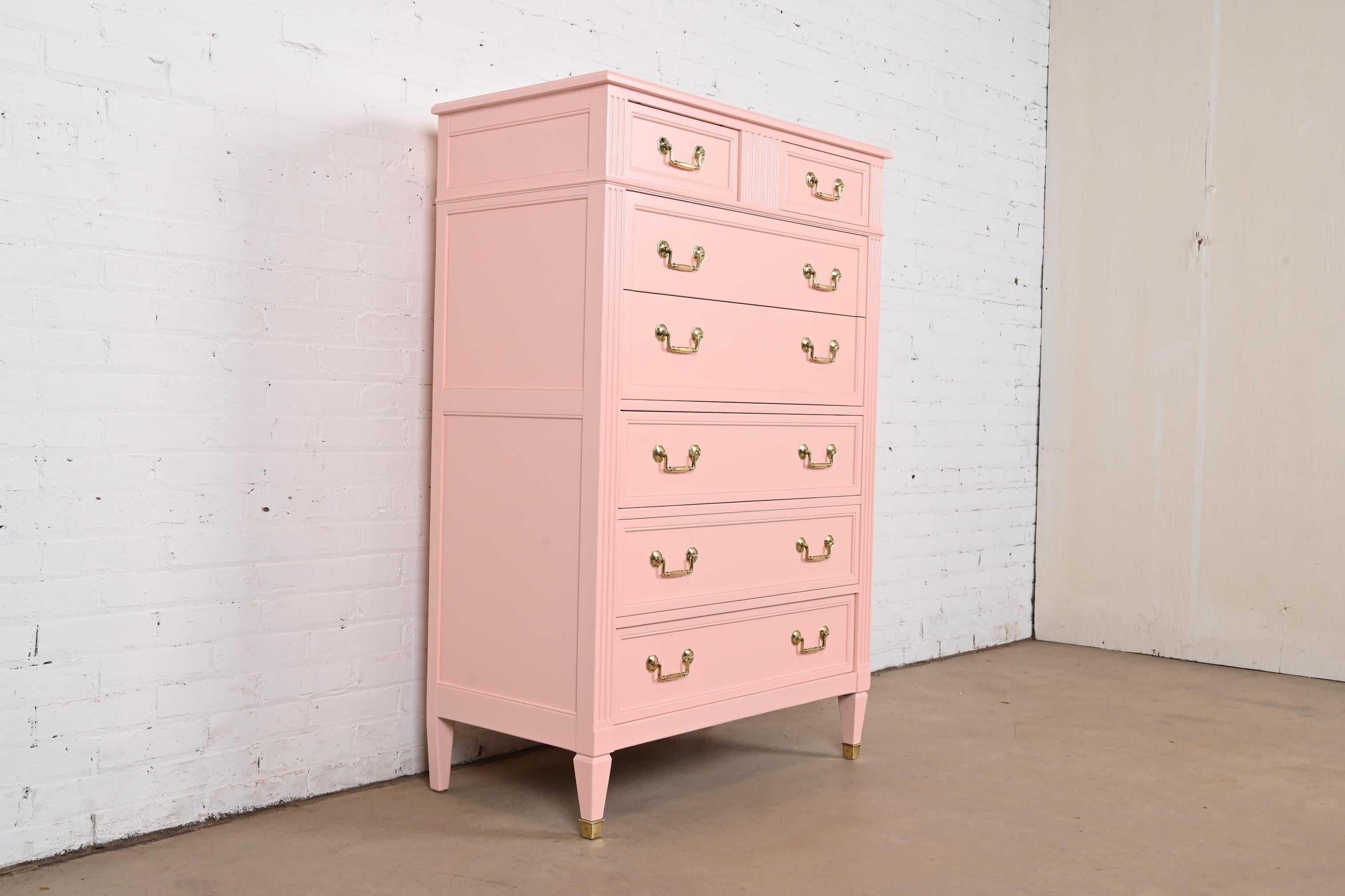 Kindel French Regency Louis XVI Pink Lacquered Highboy Dresser, Newly Refinished In Good Condition For Sale In South Bend, IN
