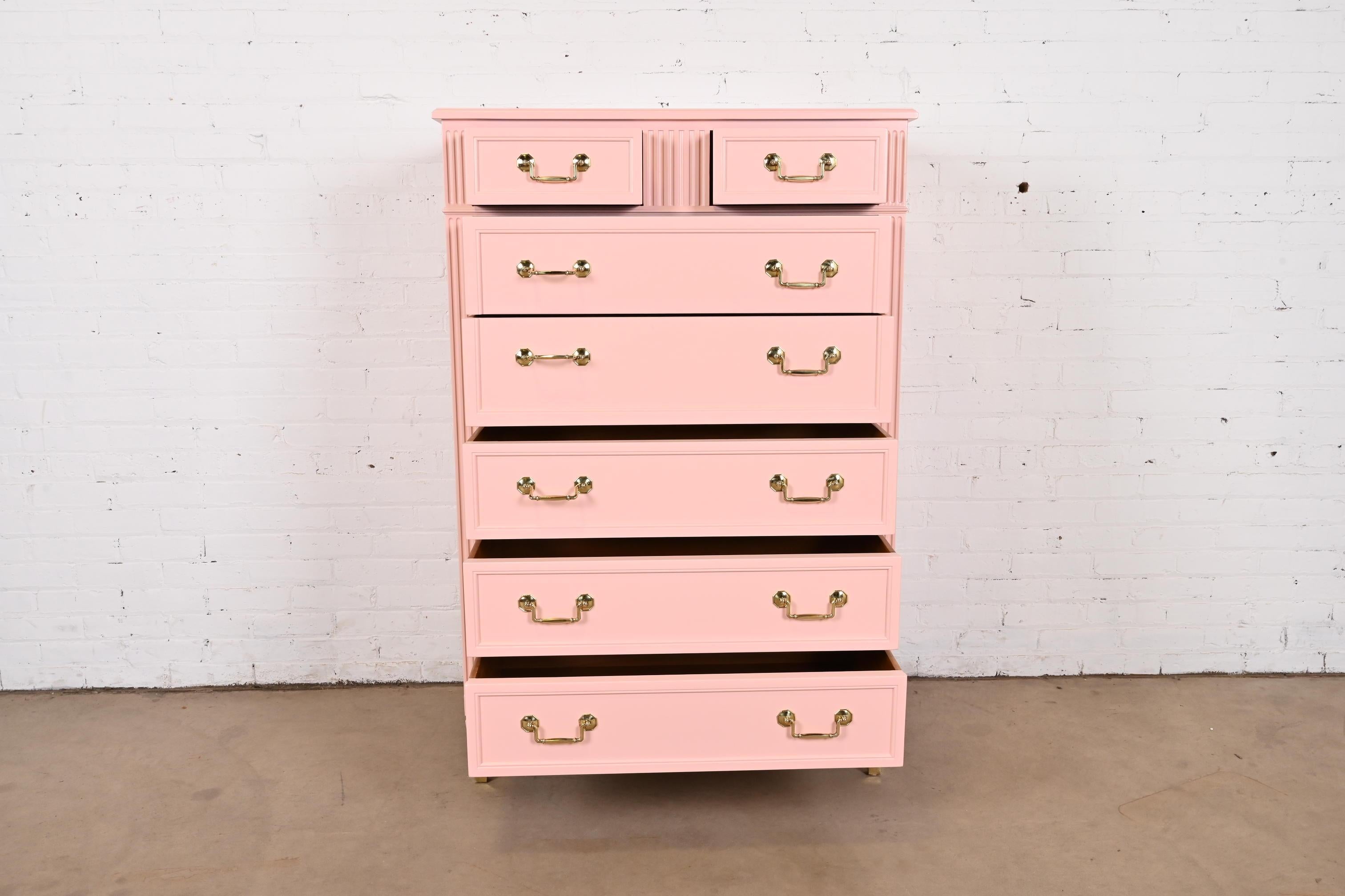 Mid-20th Century Kindel French Regency Louis XVI Pink Lacquered Highboy Dresser, Newly Refinished For Sale