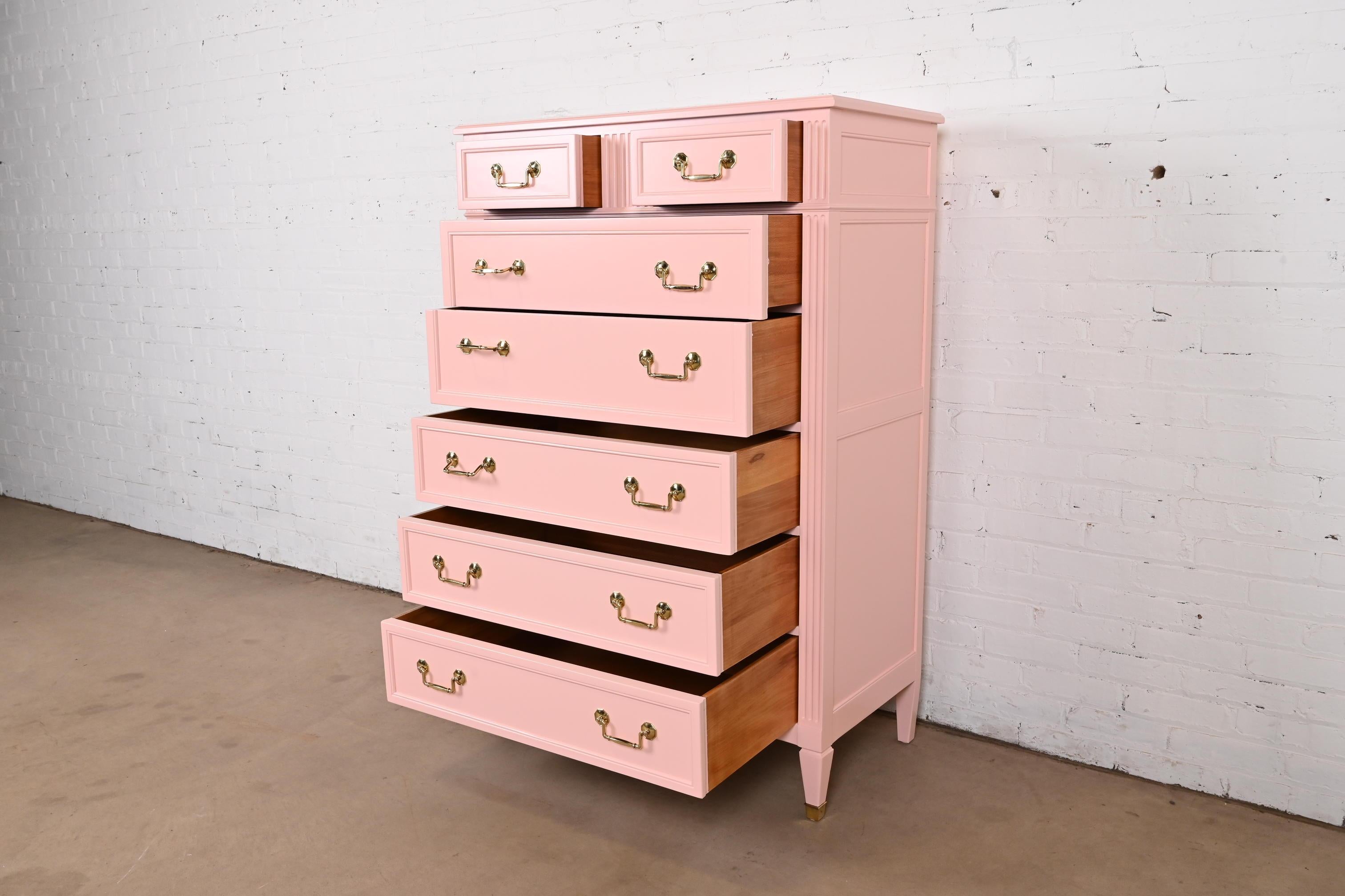 Brass Kindel French Regency Louis XVI Pink Lacquered Highboy Dresser, Newly Refinished For Sale