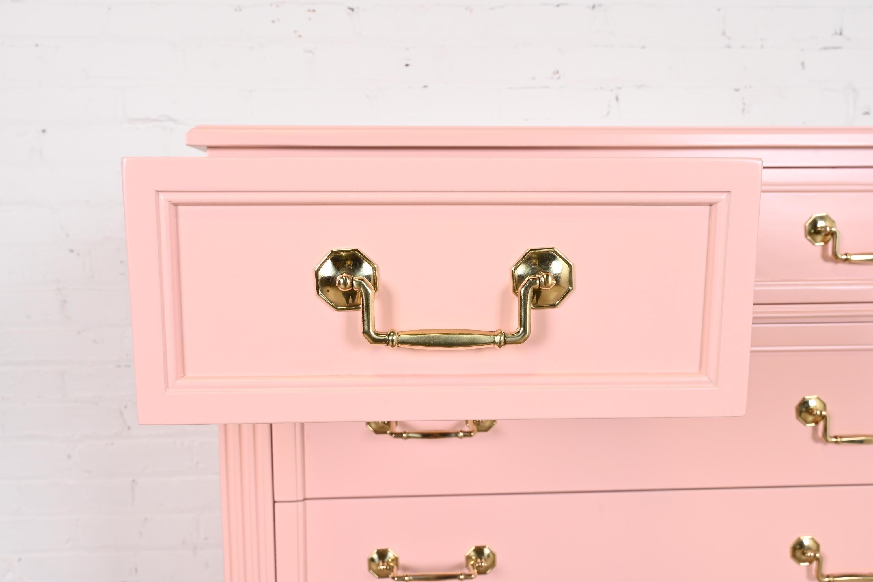 Kindel French Regency Louis XVI Pink Lacquered Highboy Dresser, Newly Refinished For Sale 1