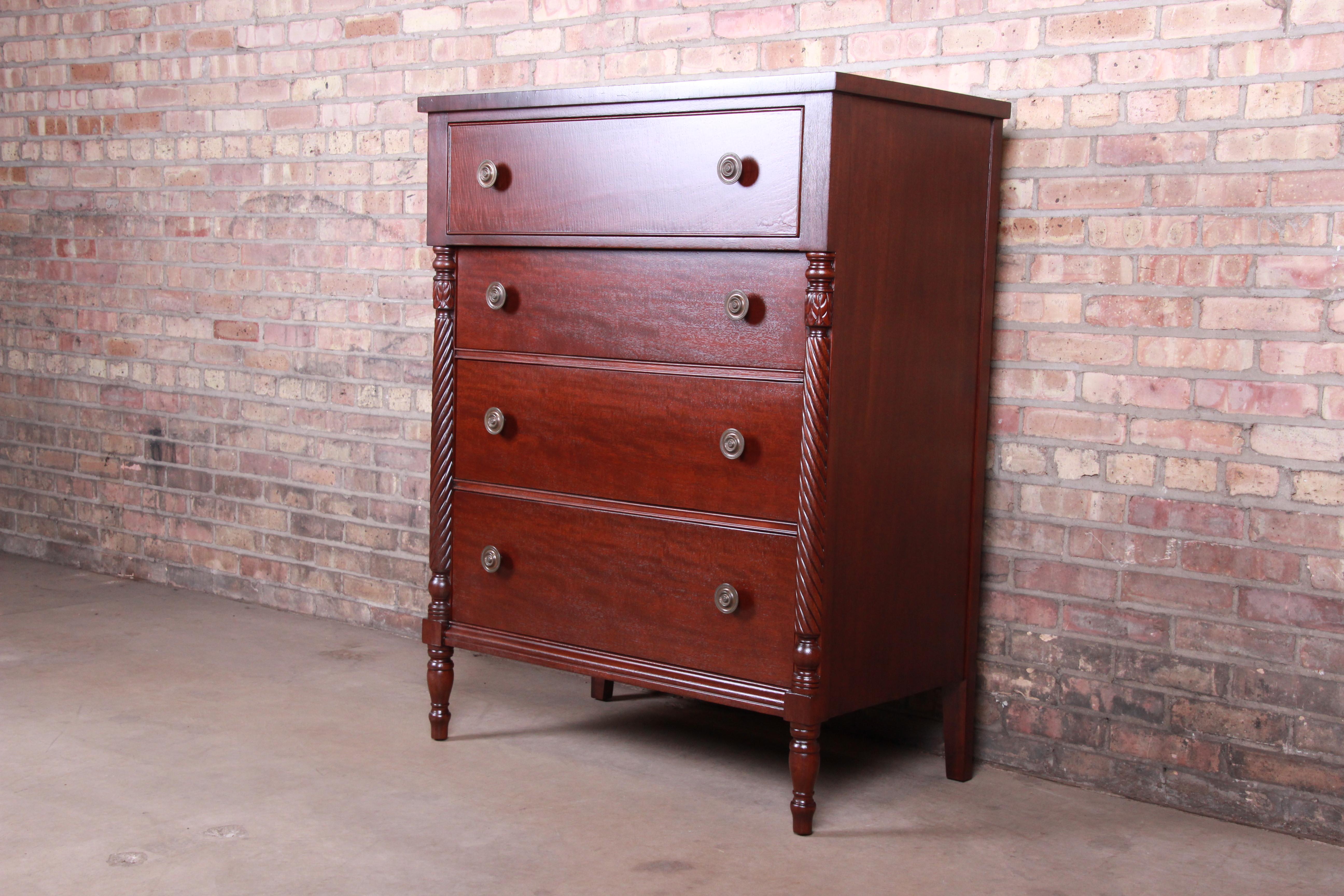 Kindel Furniture American Empire Carved Mahogany Highboy Dresser, Newly Restored In Good Condition In South Bend, IN