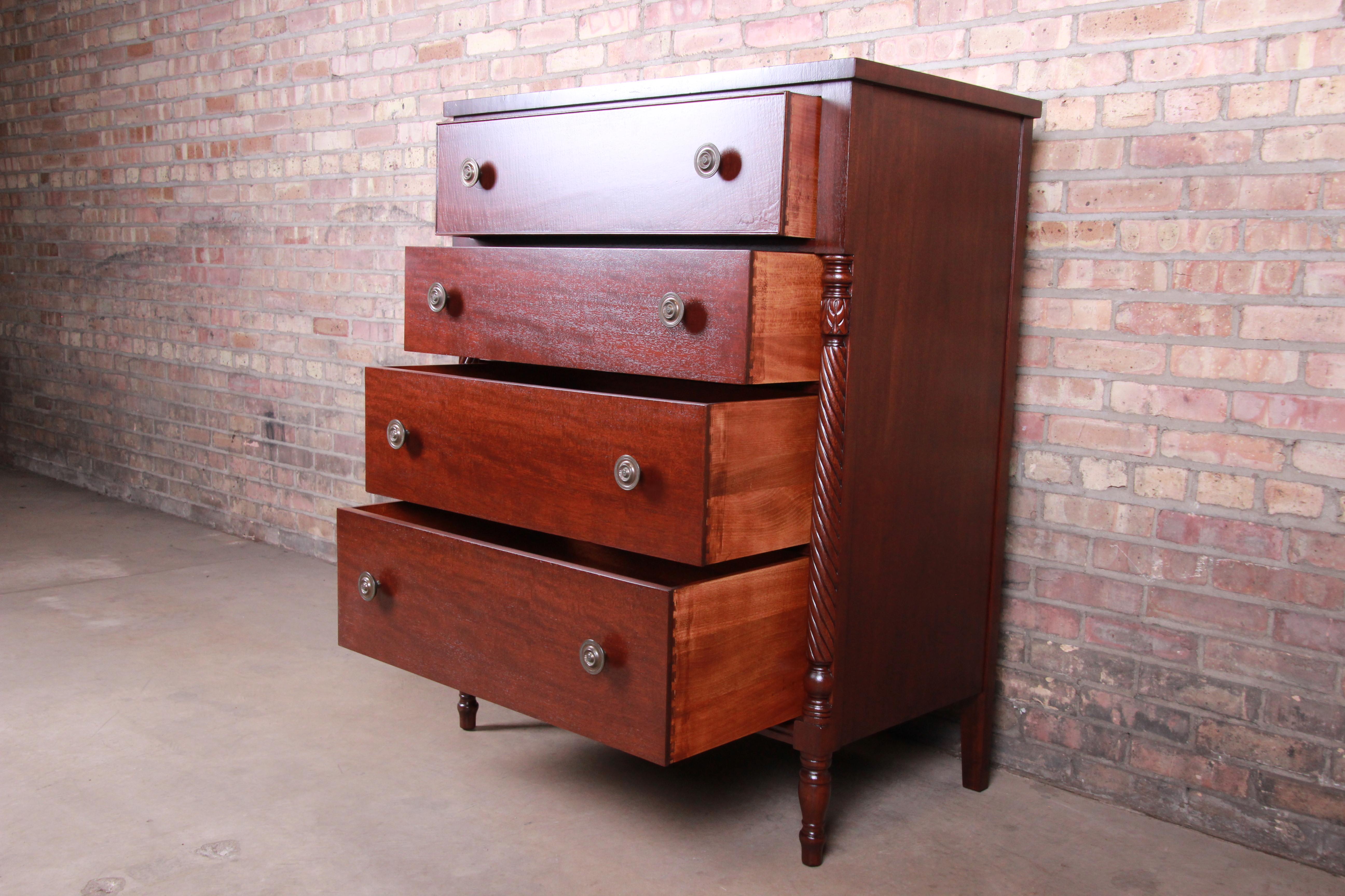 Brass Kindel Furniture American Empire Carved Mahogany Highboy Dresser, Newly Restored