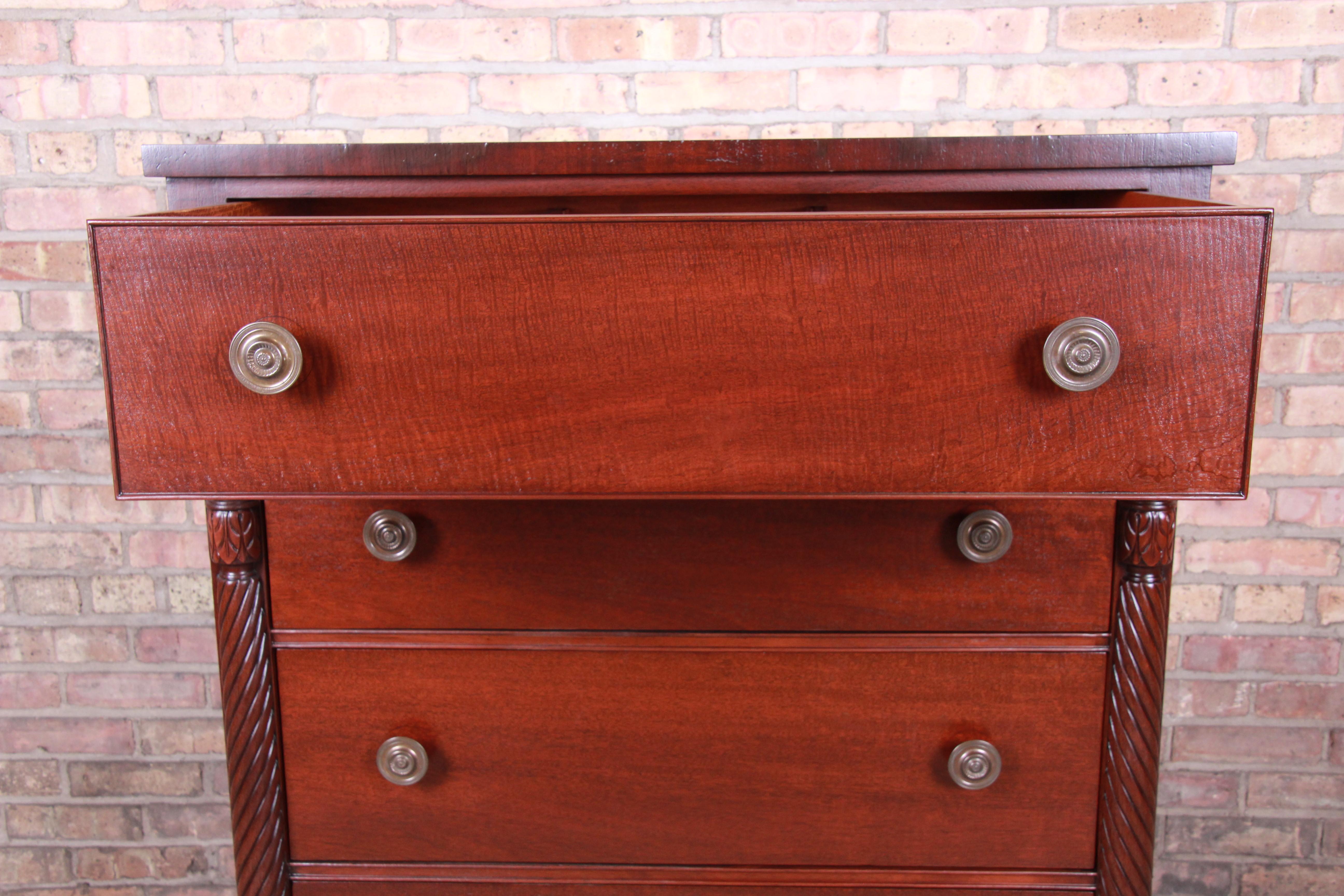 Kindel Furniture American Empire Carved Mahogany Highboy Dresser, Newly Restored 1