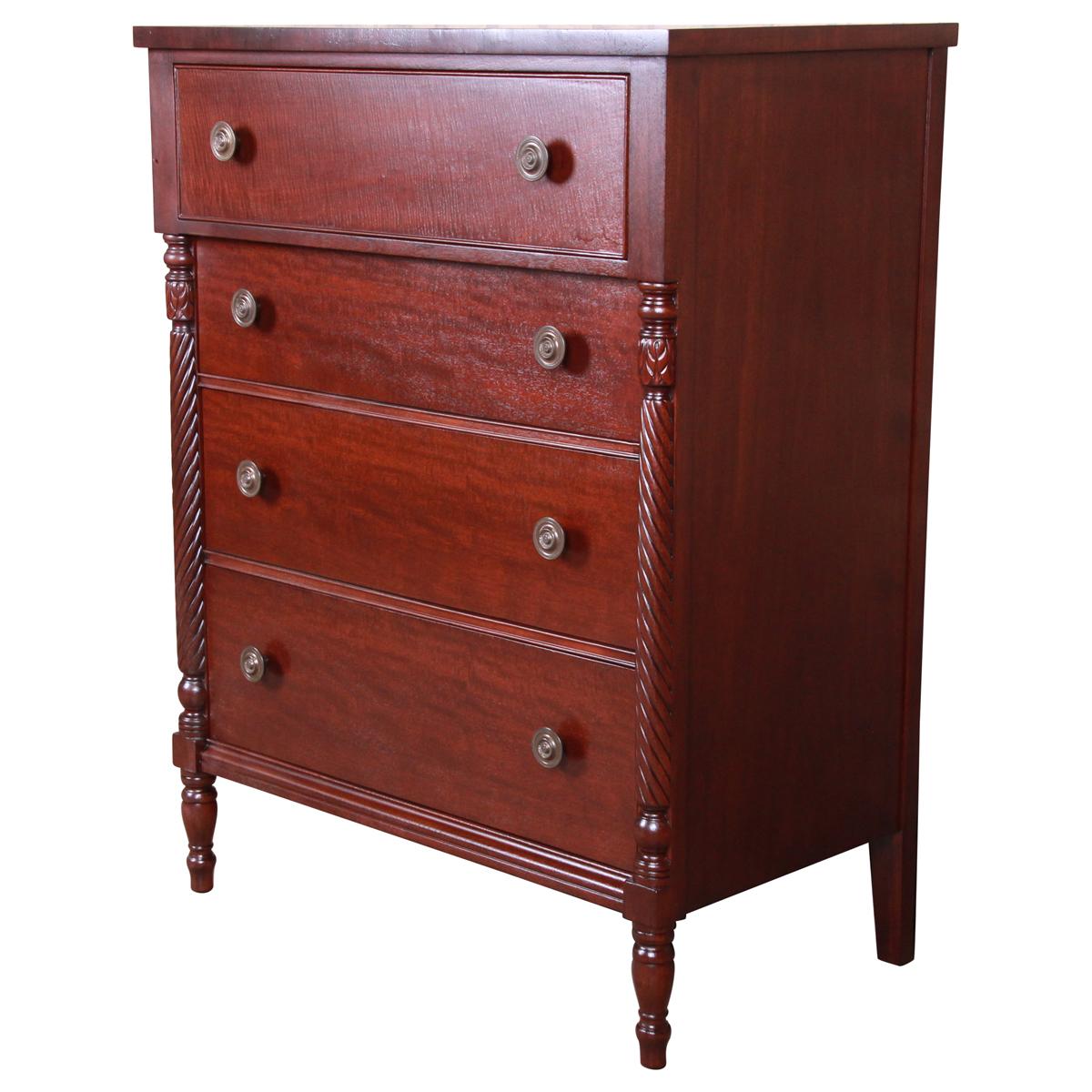 Kindel Furniture American Empire Carved Mahogany Highboy Dresser, Newly Restored