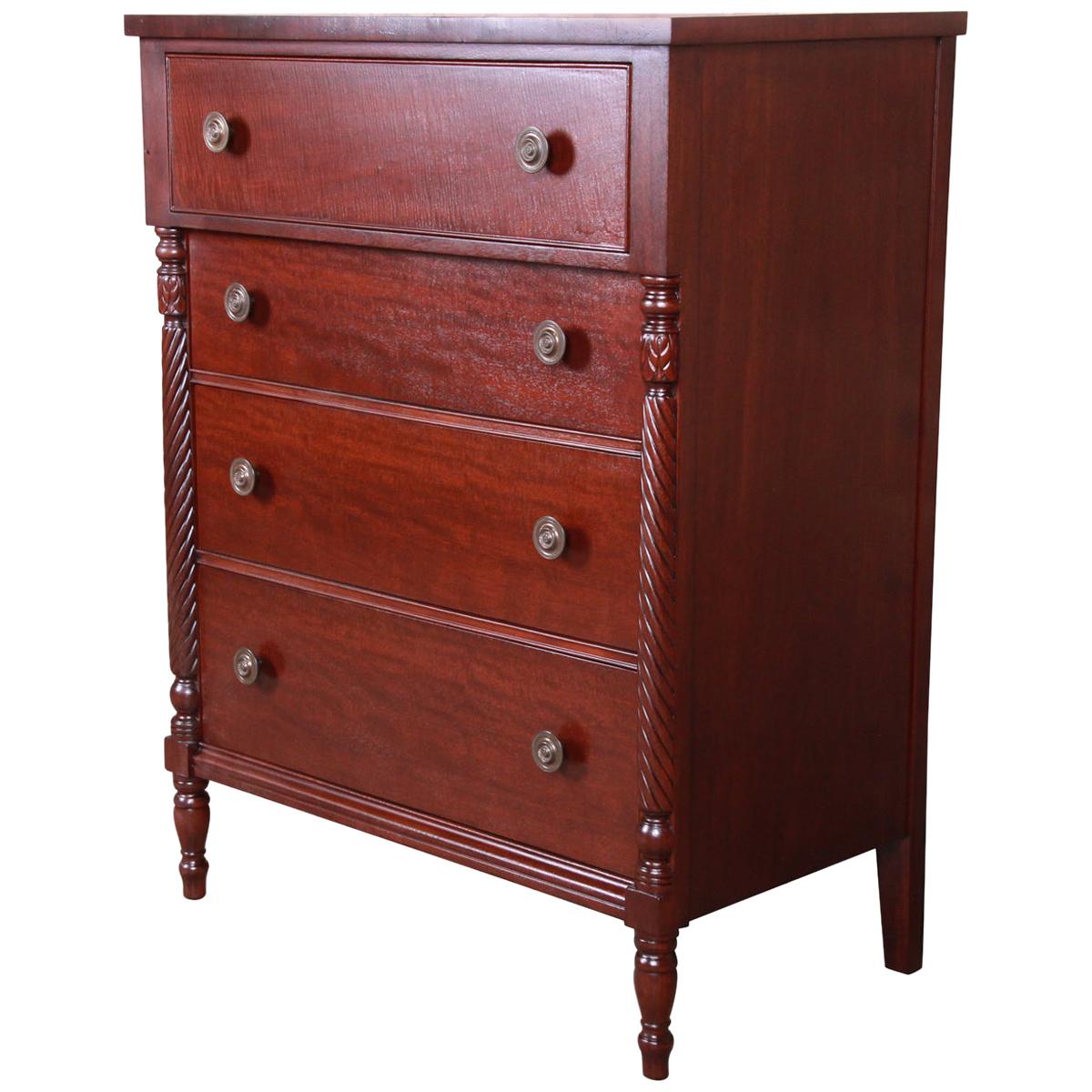 Kindel Furniture American Empire Carved Mahogany Highboy Dresser, Newly Restored