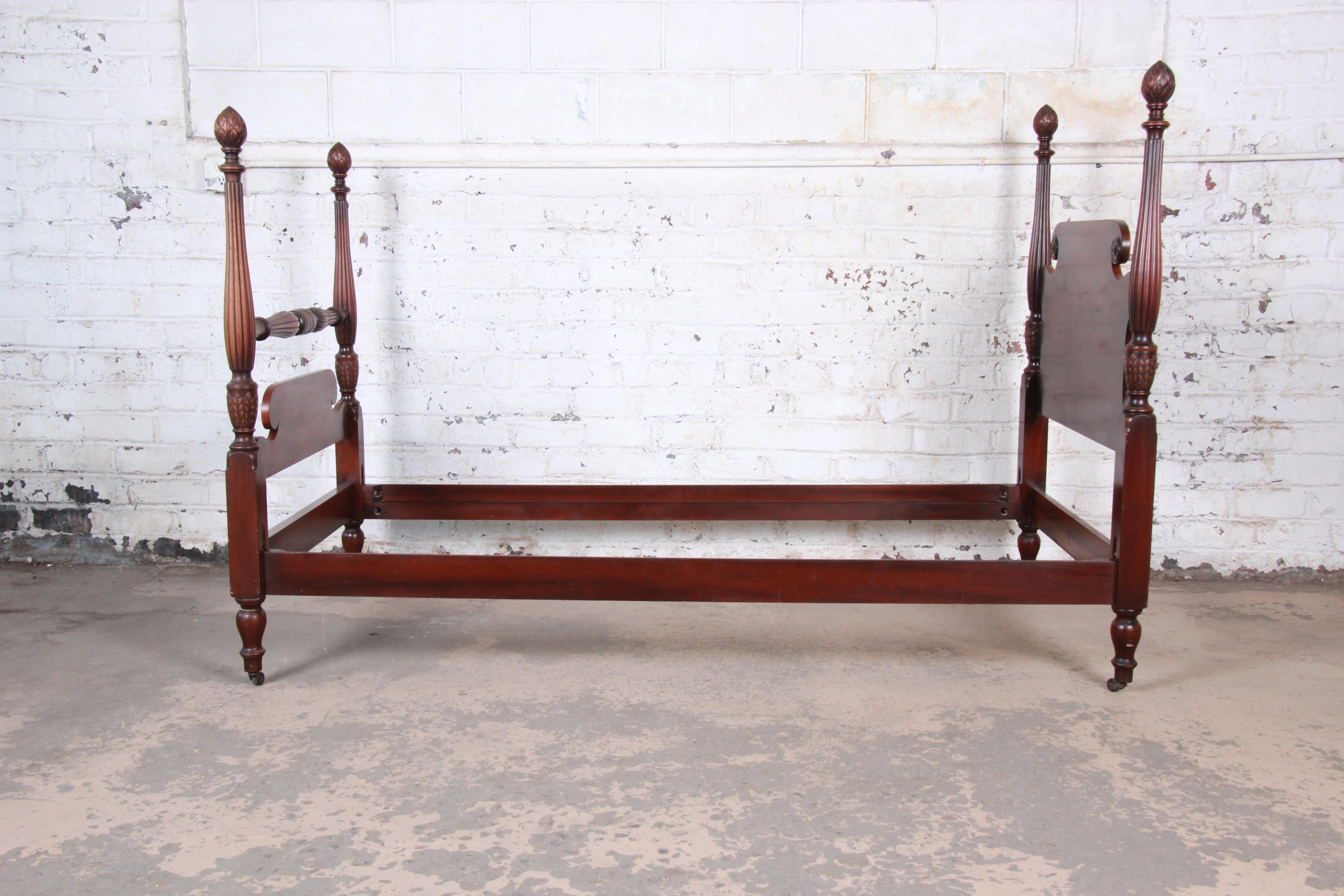 British Colonial Kindel Furniture Carved Mahogany Twin Size Poster Bed
