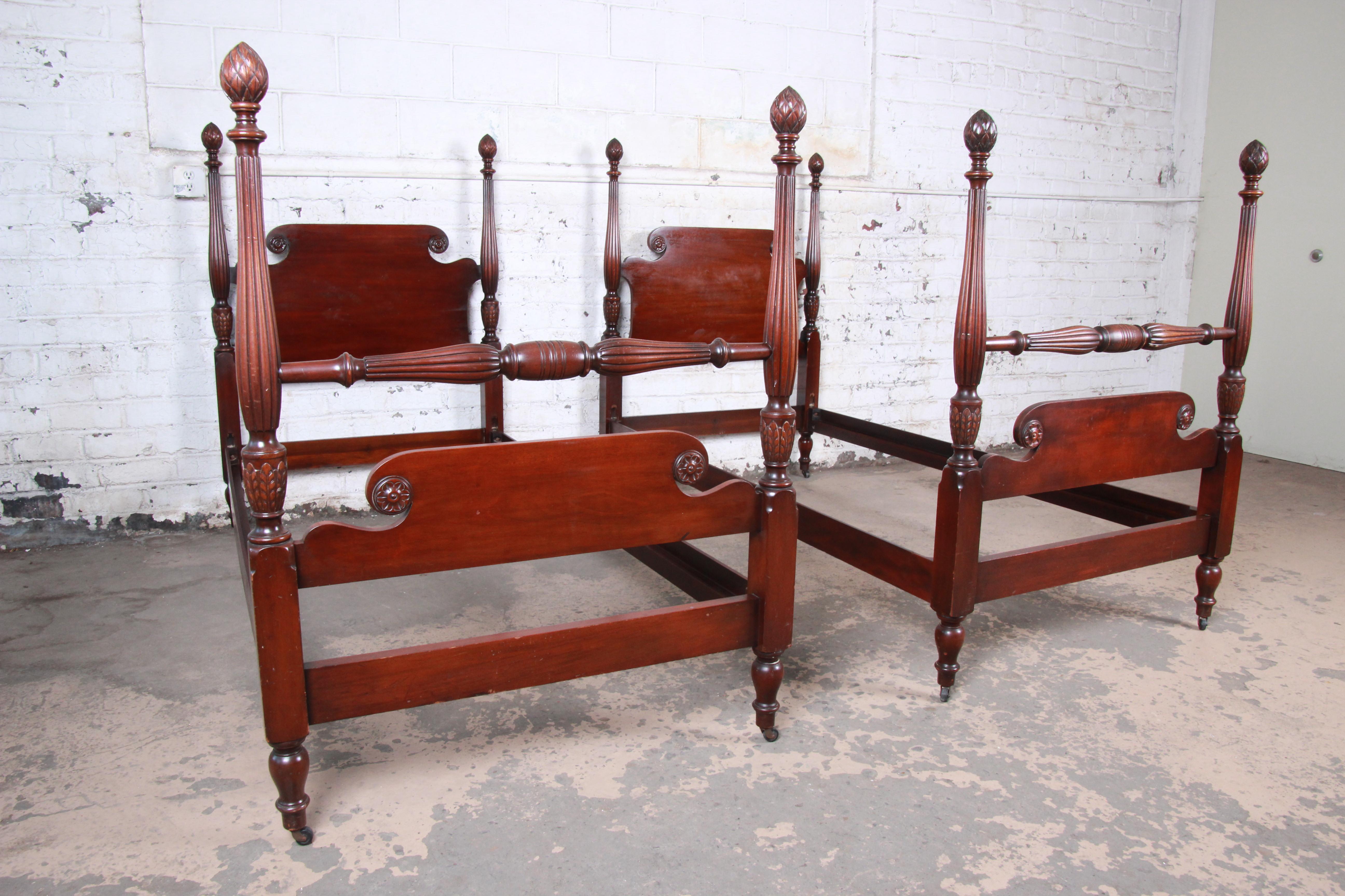 British Colonial Kindel Furniture Carved Mahogany Twin Size Poster Beds, Pair