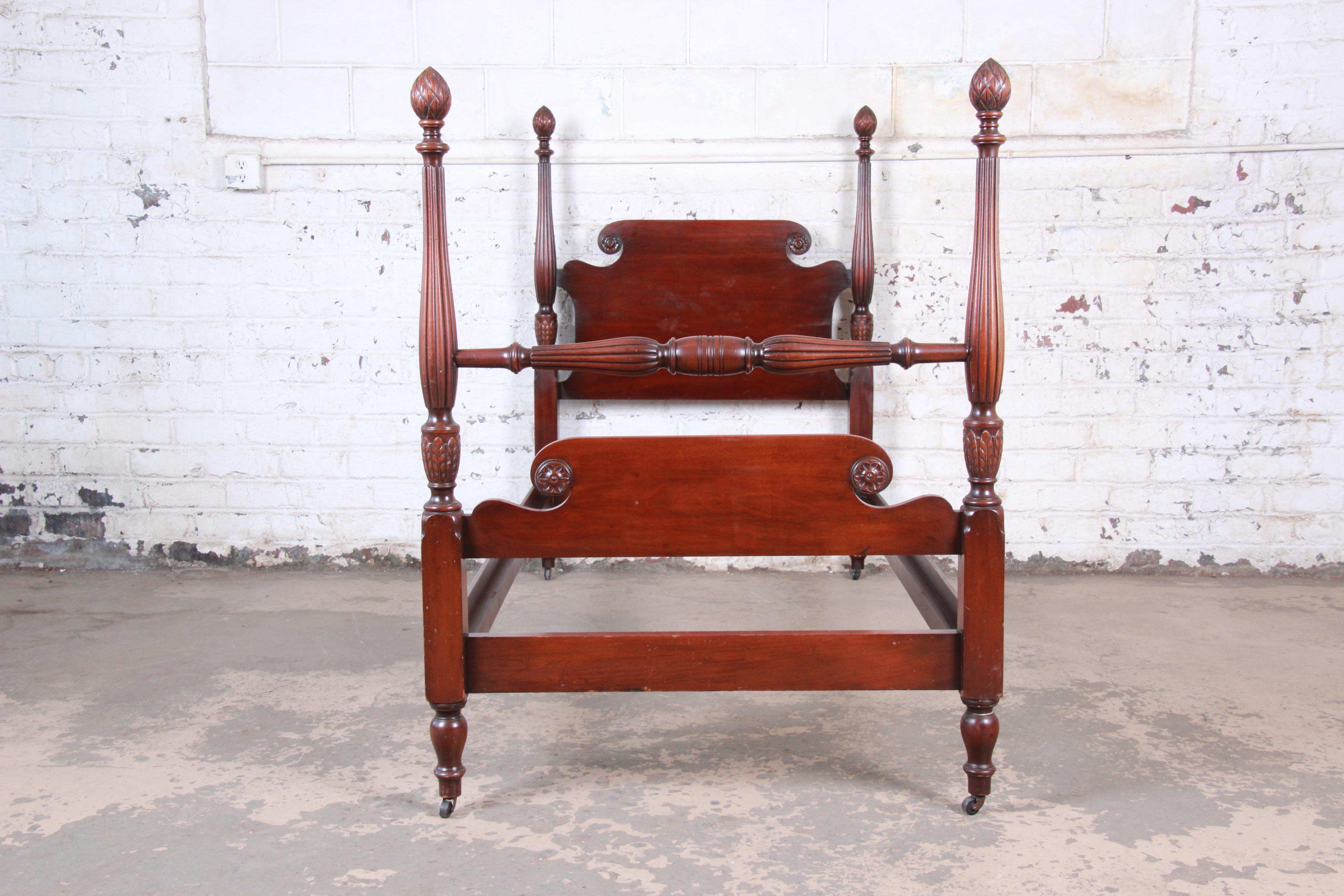 American Kindel Furniture Carved Mahogany Twin Size Poster Beds, Pair