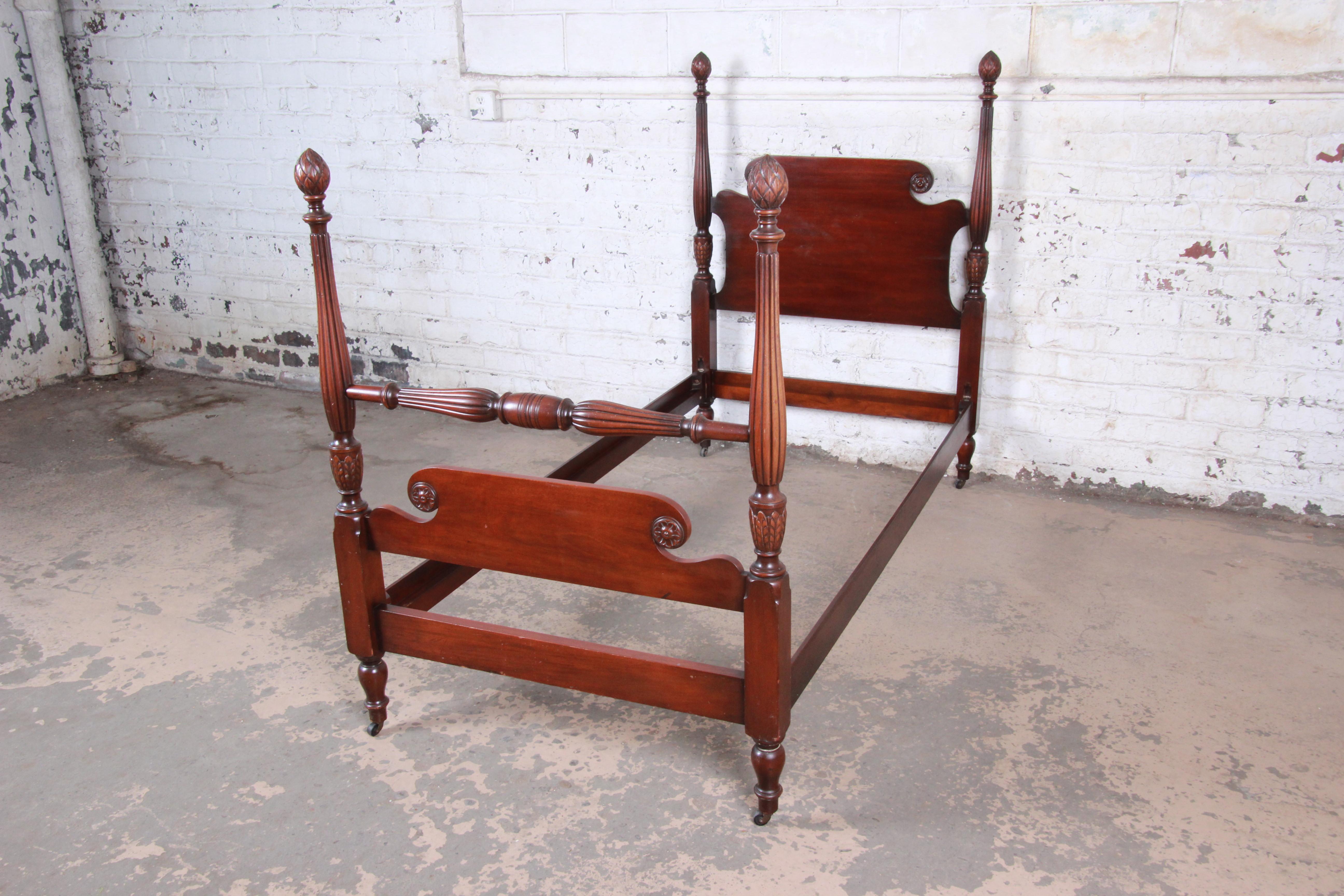 Mid-20th Century Kindel Furniture Carved Mahogany Twin Size Poster Beds, Pair
