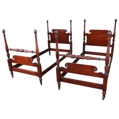 Kindel Furniture Carved Mahogany Twin Size Poster Beds, Pair