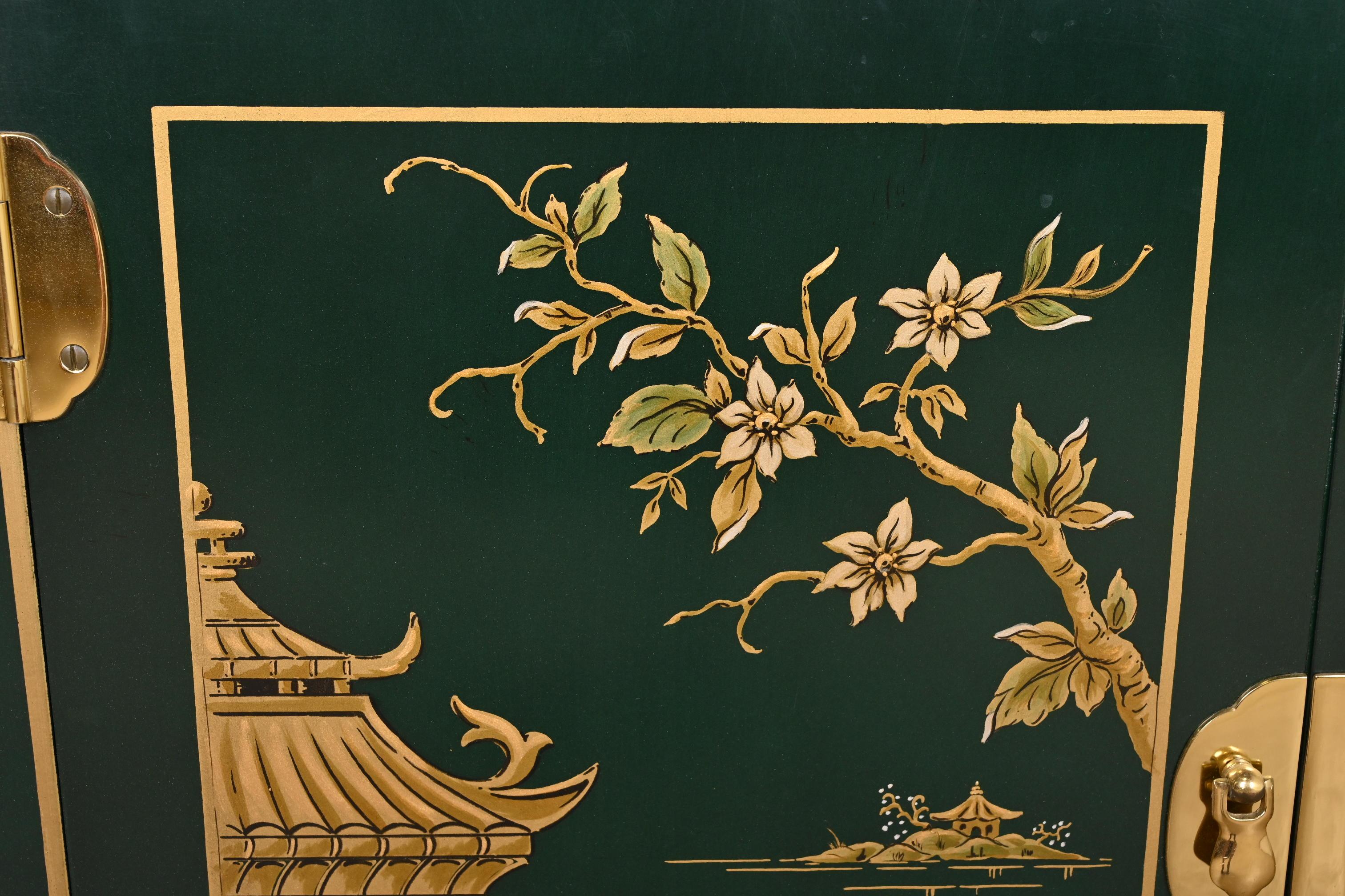 Kindel Furniture Chinoiserie Green Lacquered and Gold Gilt Hand Painted Cabinets 4