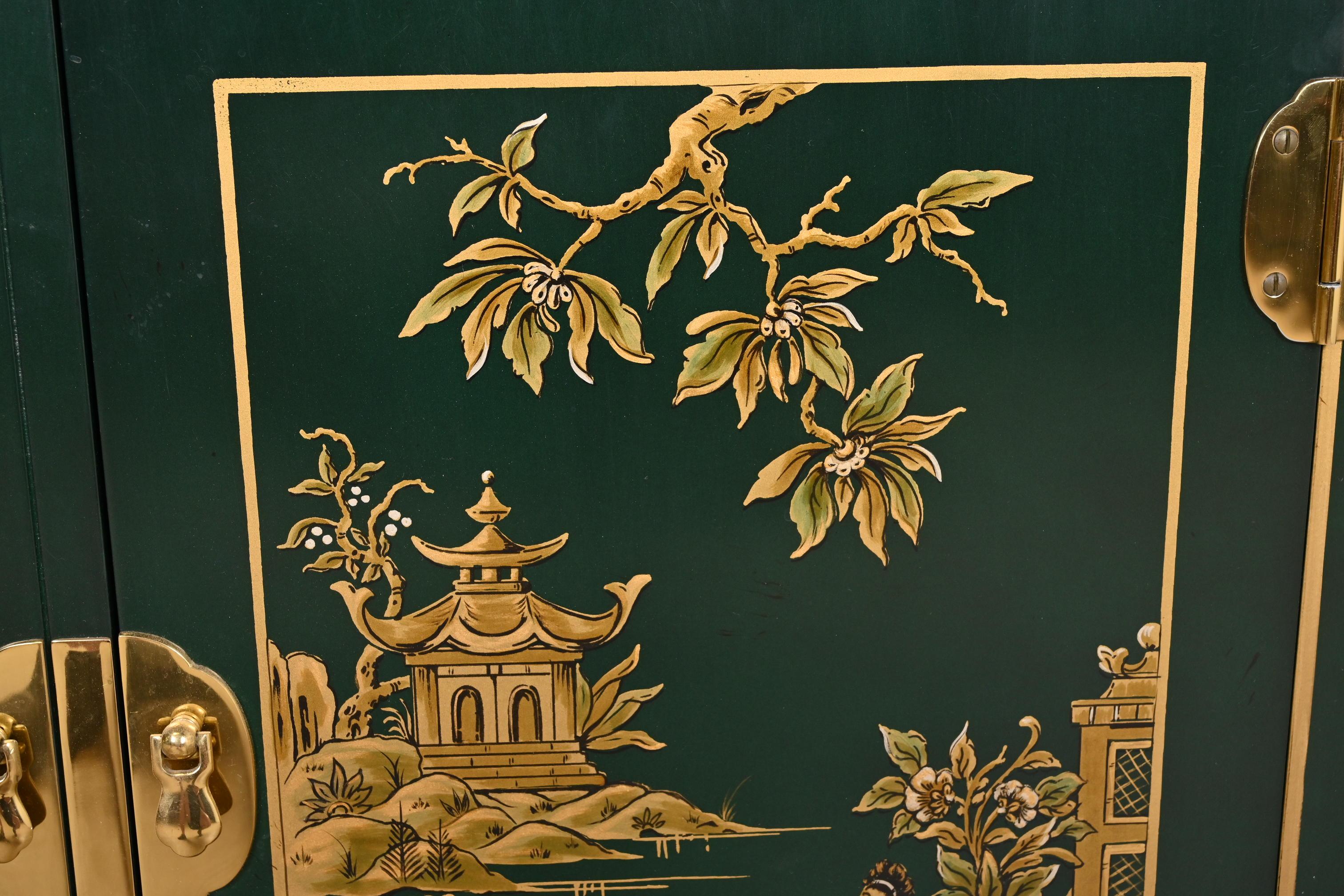 Kindel Furniture Chinoiserie Green Lacquered and Gold Gilt Hand Painted Cabinets 6