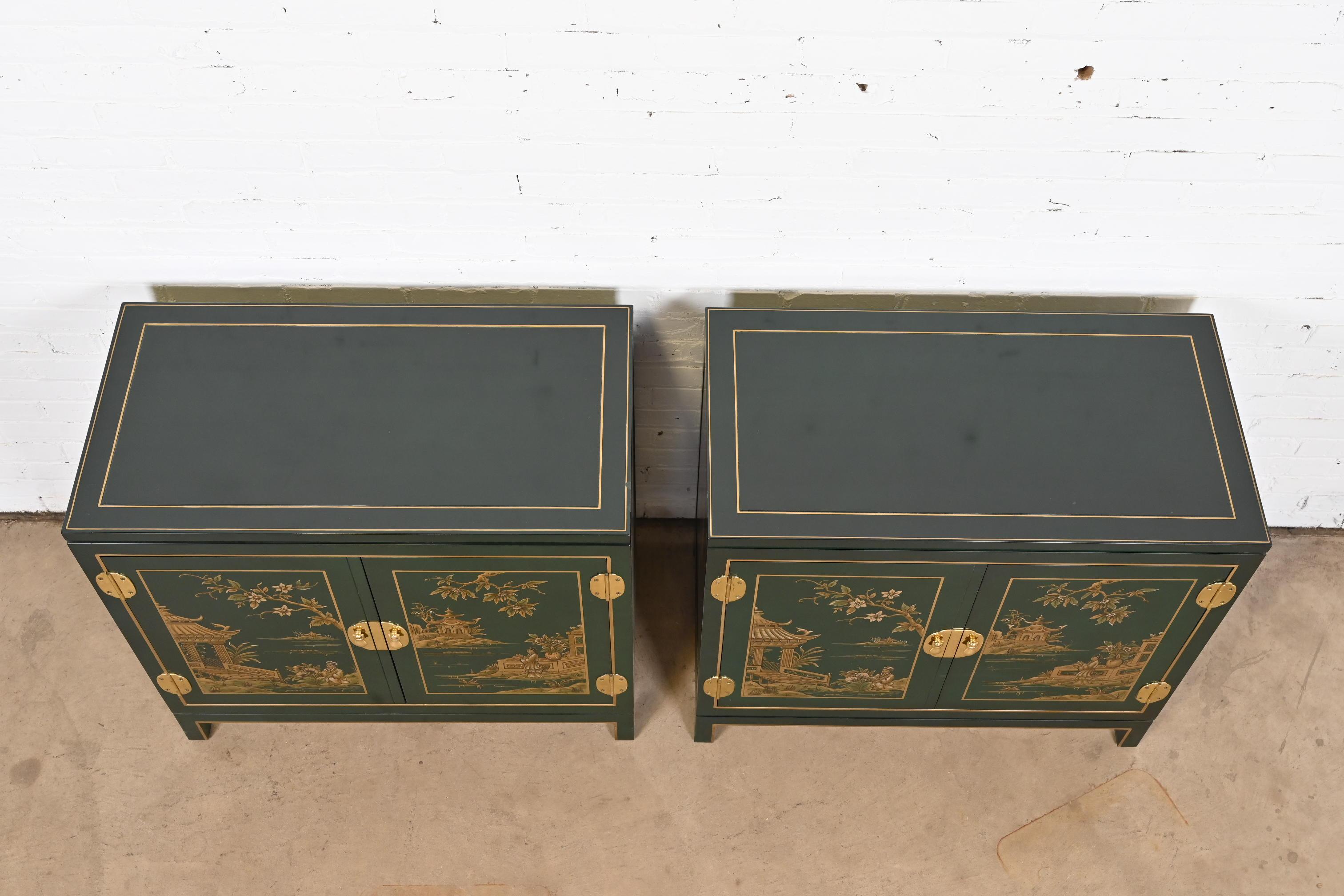Kindel Furniture Chinoiserie Green Lacquered and Gold Gilt Hand Painted Cabinets 8