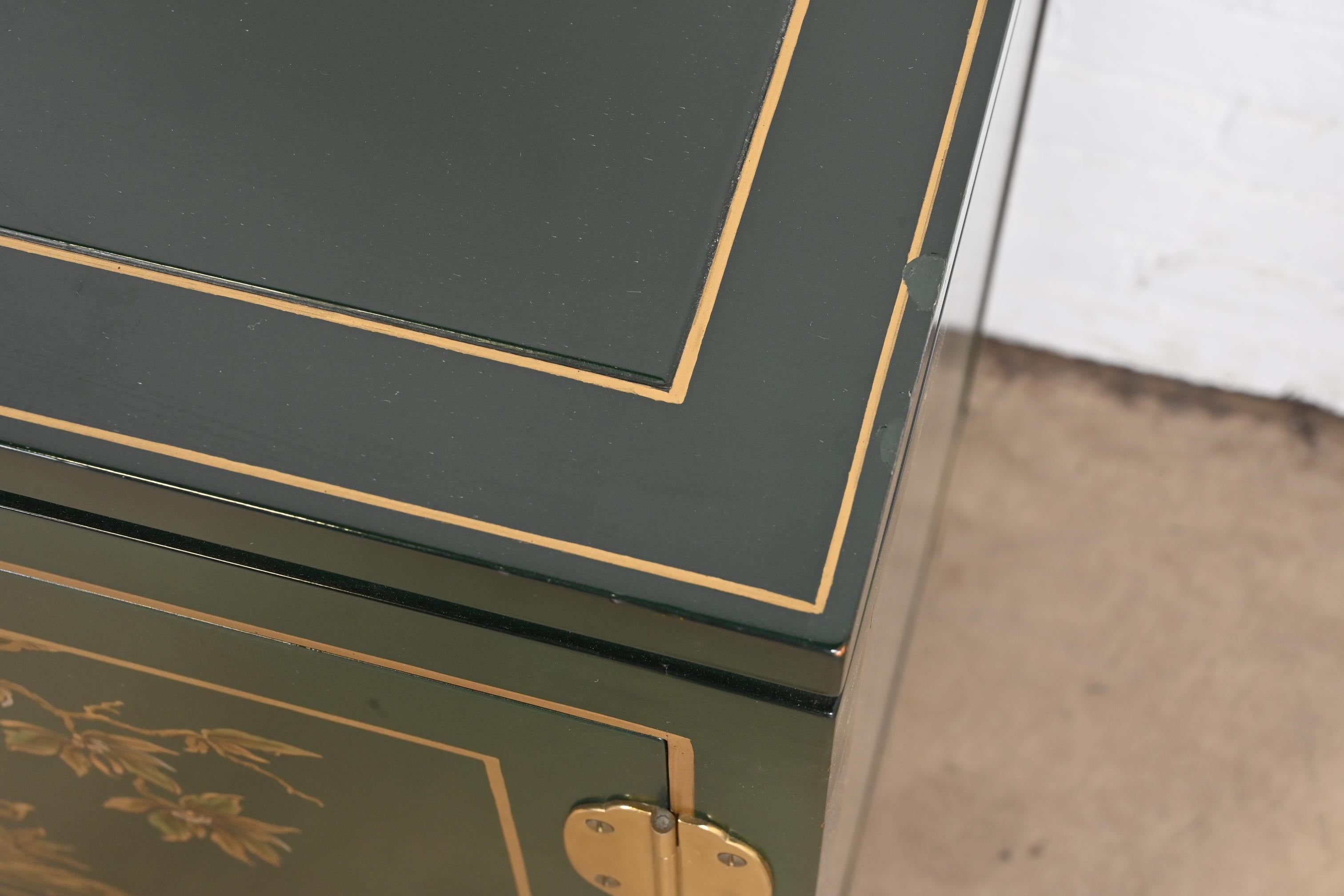 Kindel Furniture Chinoiserie Green Lacquered and Gold Gilt Hand Painted Cabinets 10