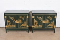 Kindel Furniture Chinoiserie Green Lacquered and Gold Gilt Hand Painted Cabinets
