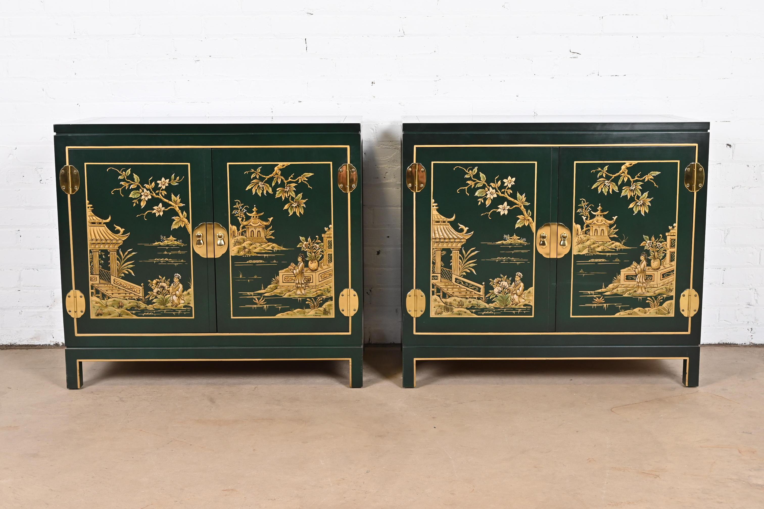American Kindel Furniture Chinoiserie Green Lacquered and Gold Gilt Hand Painted Cabinets