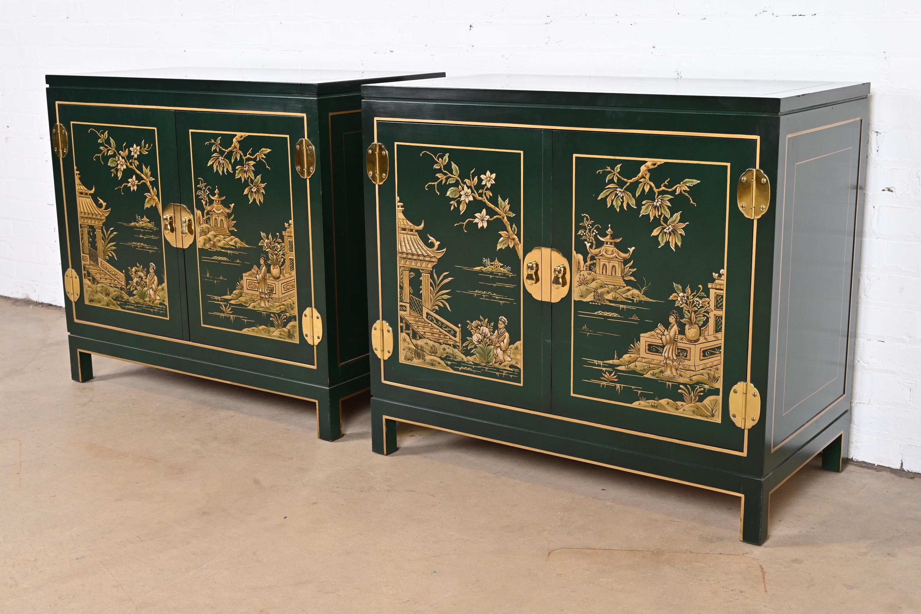 Kindel Furniture Chinoiserie Green Lacquered and Gold Gilt Hand Painted Cabinets In Good Condition In South Bend, IN