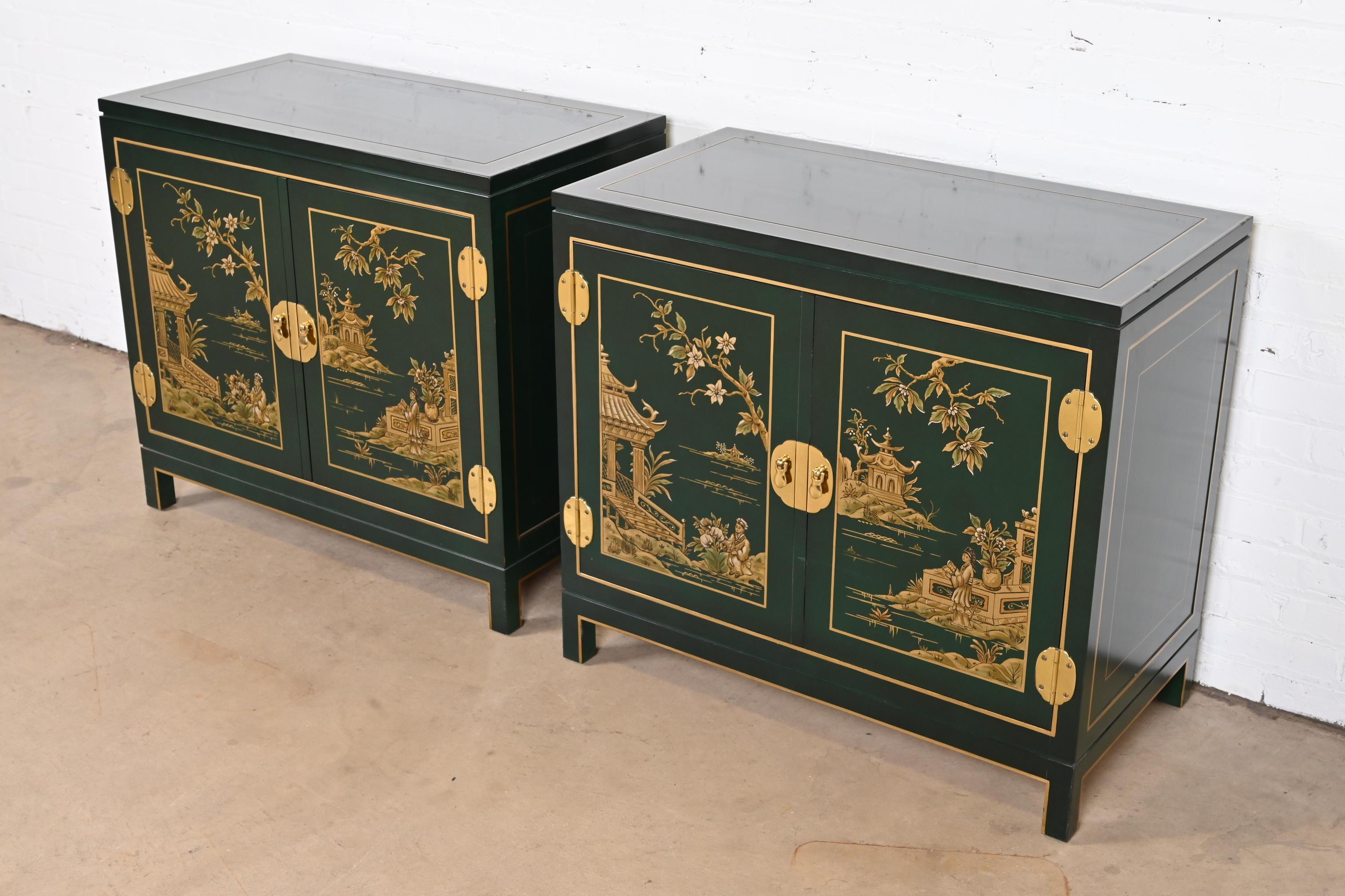 Late 20th Century Kindel Furniture Chinoiserie Green Lacquered and Gold Gilt Hand Painted Cabinets