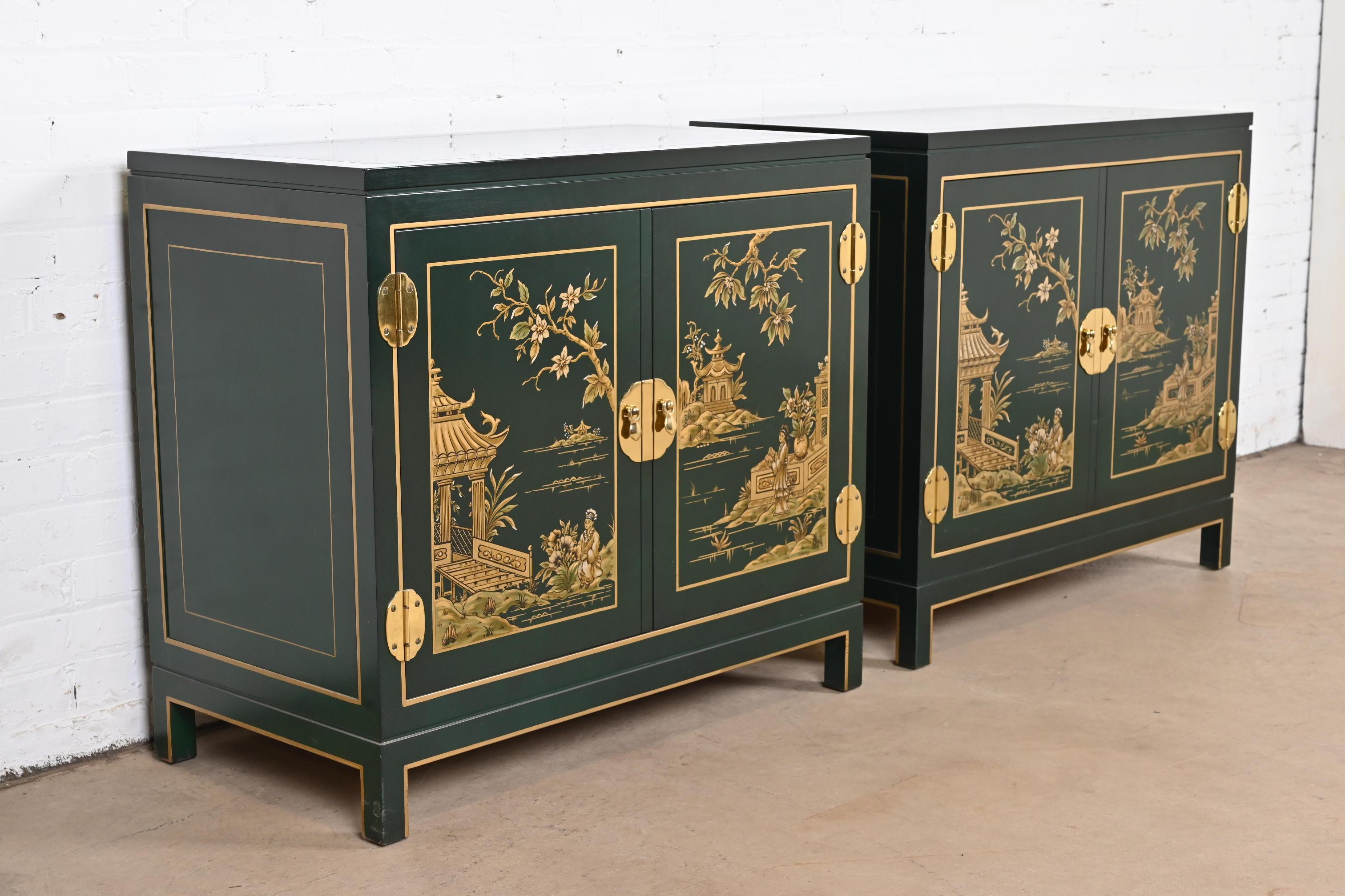 Kindel Furniture Chinoiserie Green Lacquered and Gold Gilt Hand Painted Cabinets 1