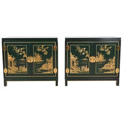 Kindel Furniture Chinoiserie Green Lacquered and Gold Gilt Hand Painted Cabinets