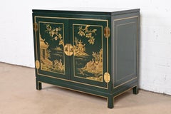 Kindel Furniture Chinoiserie Green Lacquered Gold Gilt Hand Painted Bar Cabinet