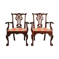 Kindel Furniture Chippendale Carved Mahogany Dining Arm Chairs, Pair
