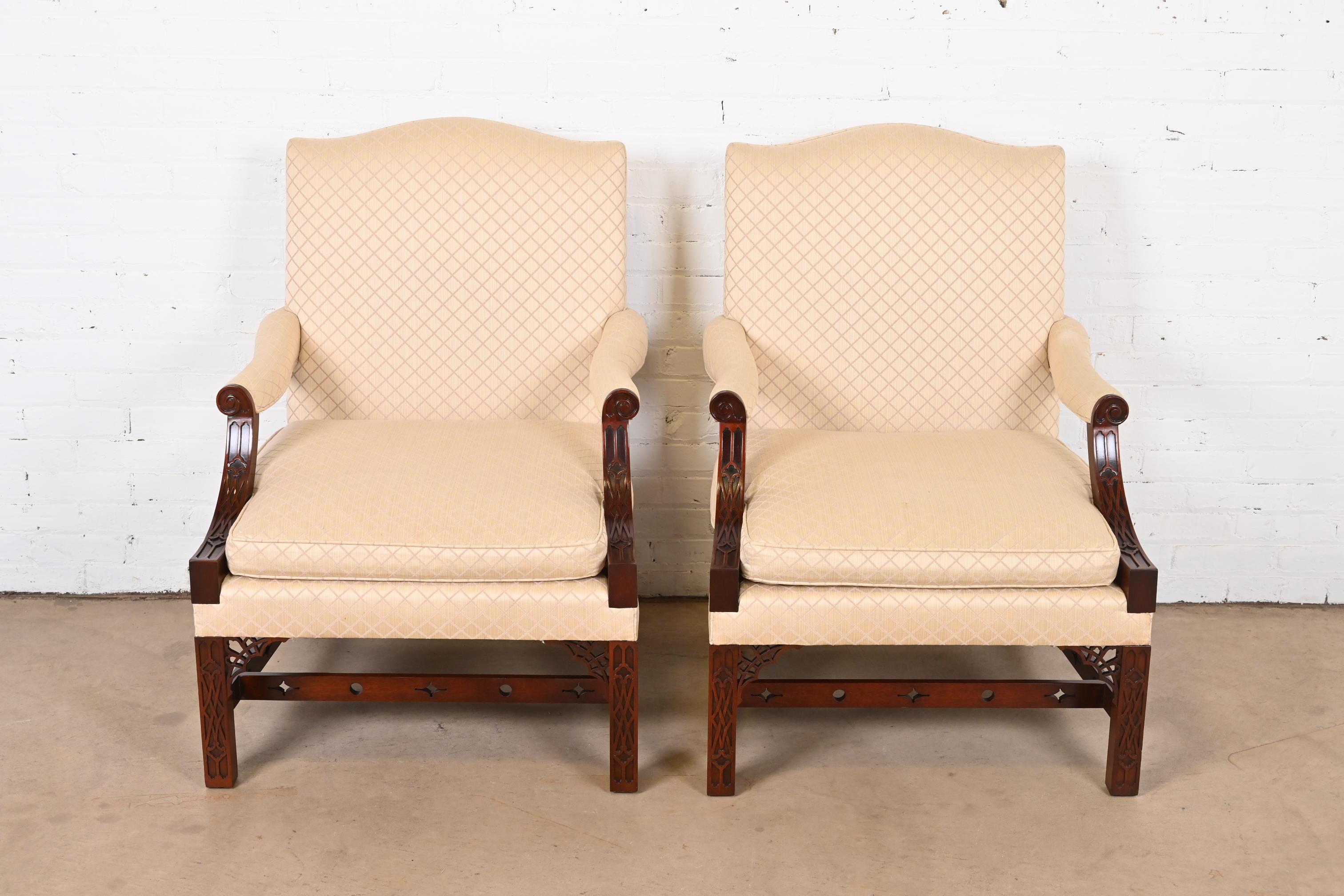 American Kindel Furniture Chippendale Carved Mahogany Library Chairs, Pair